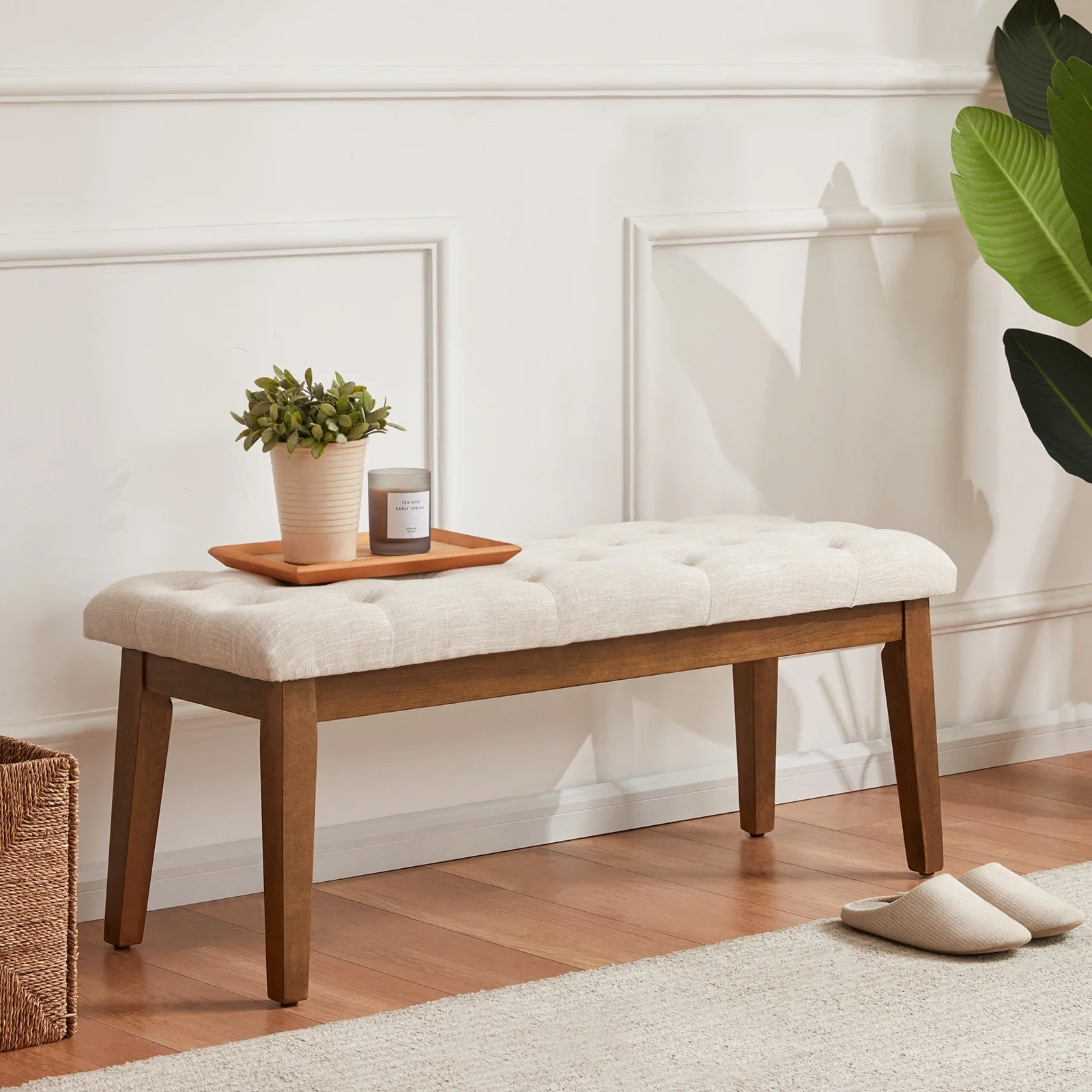 Button-Tufted Bench for End of Bed, Entryway Bench Beige/ Black/ Brown Solid Wood, Leather, Fabric 44-inch