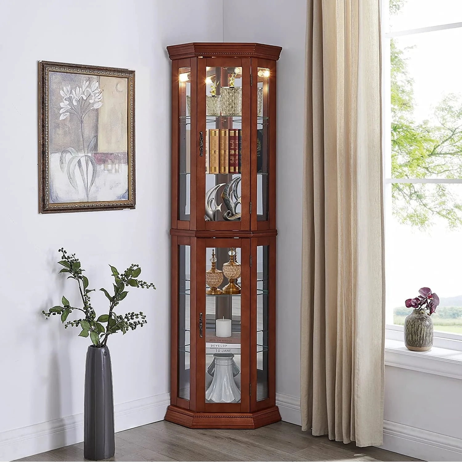 Corner Curio Cabinet with Lights Adjustable Tempered Glass Shelve