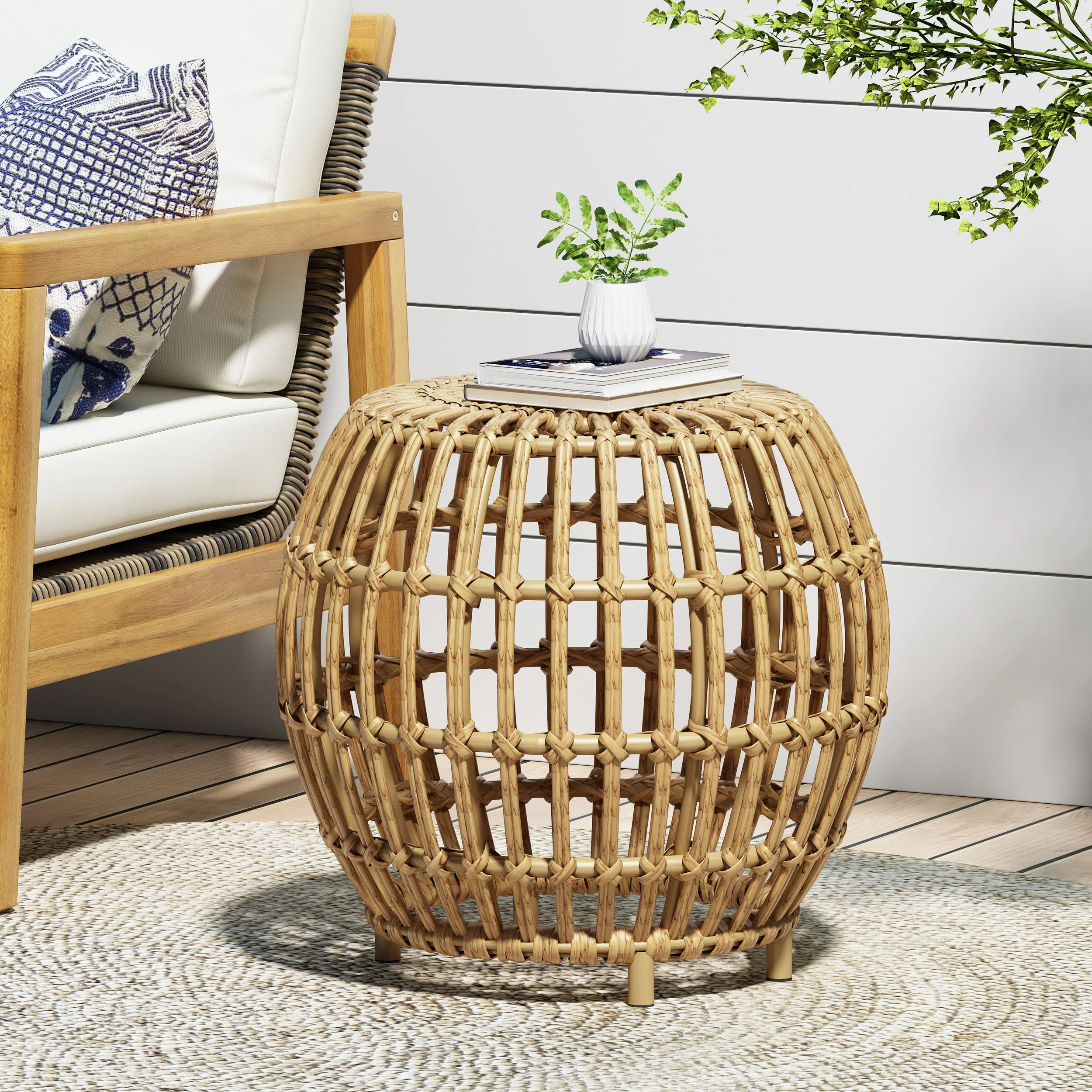 Reverent Outdoor End Table with Rattan Frame and Handcrafted Design