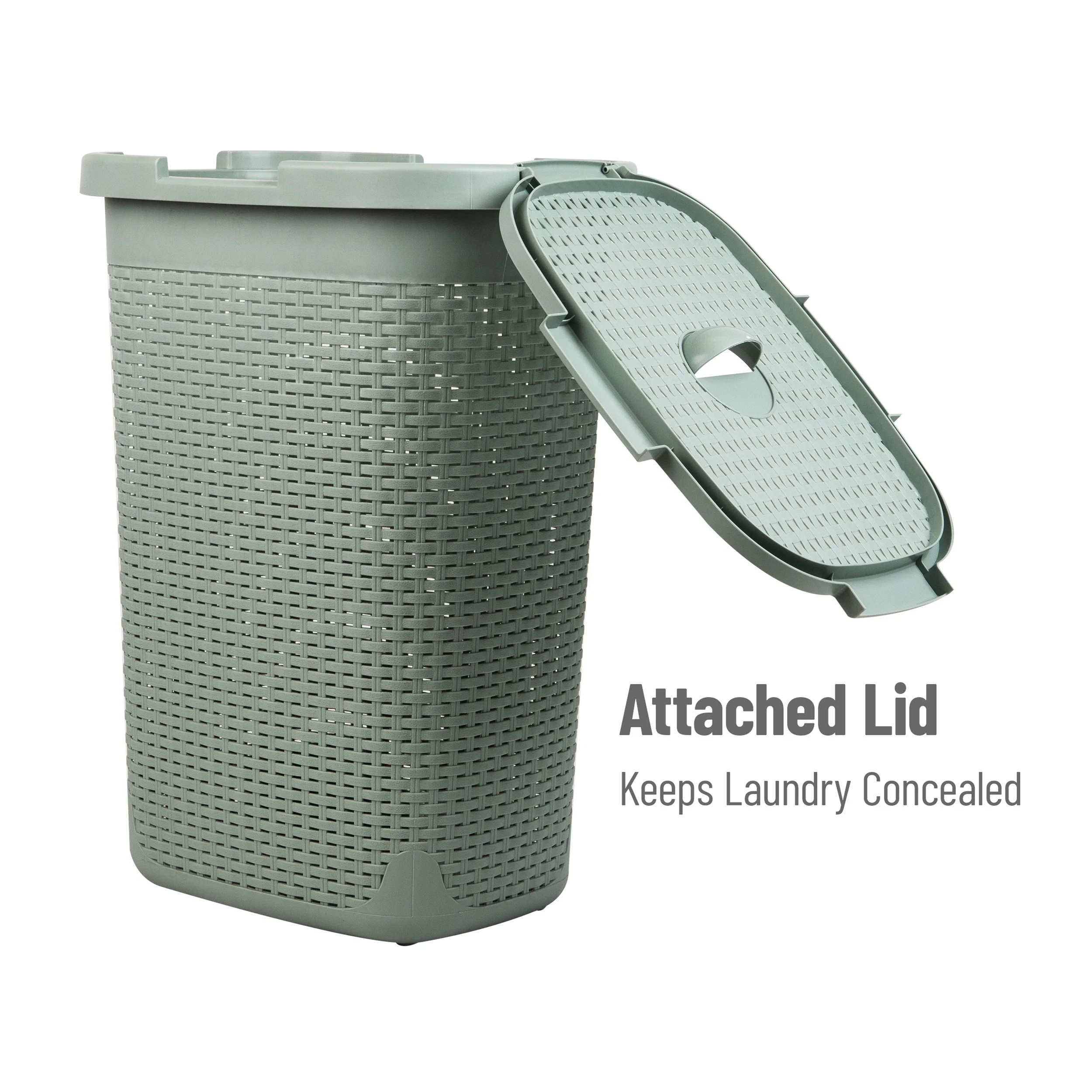 Mind Reader 60L Slim Laundry Hamper, Clothes Basket, Lid, Wicker Design, Plastic, 17.65
