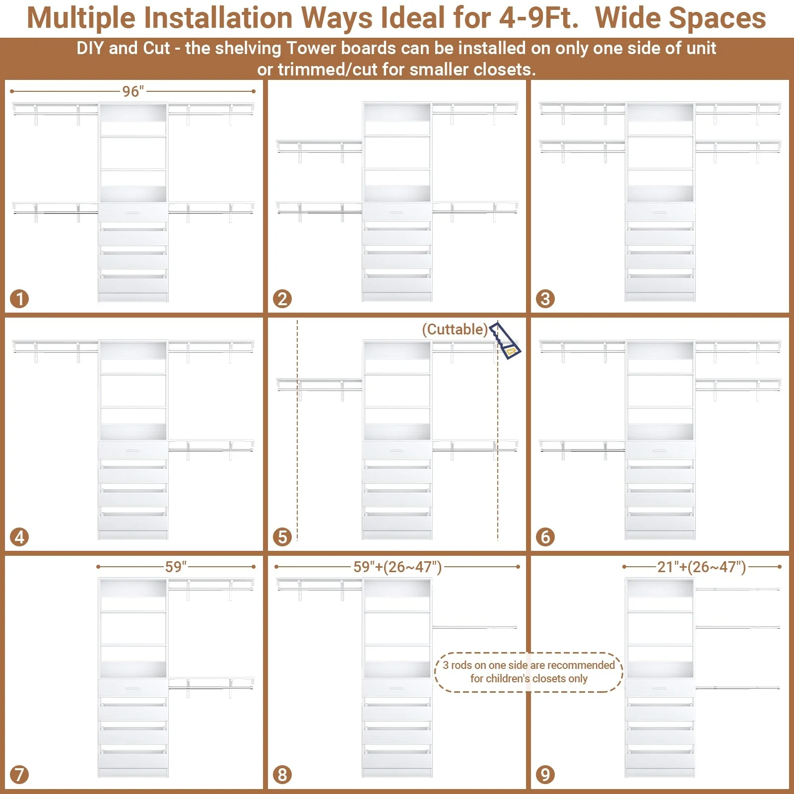 Rackcog 96'' Closet System with 4 Drawers and 4 Hanging Rods, 8FT Wood Closet Organizer for Walk-in Closet