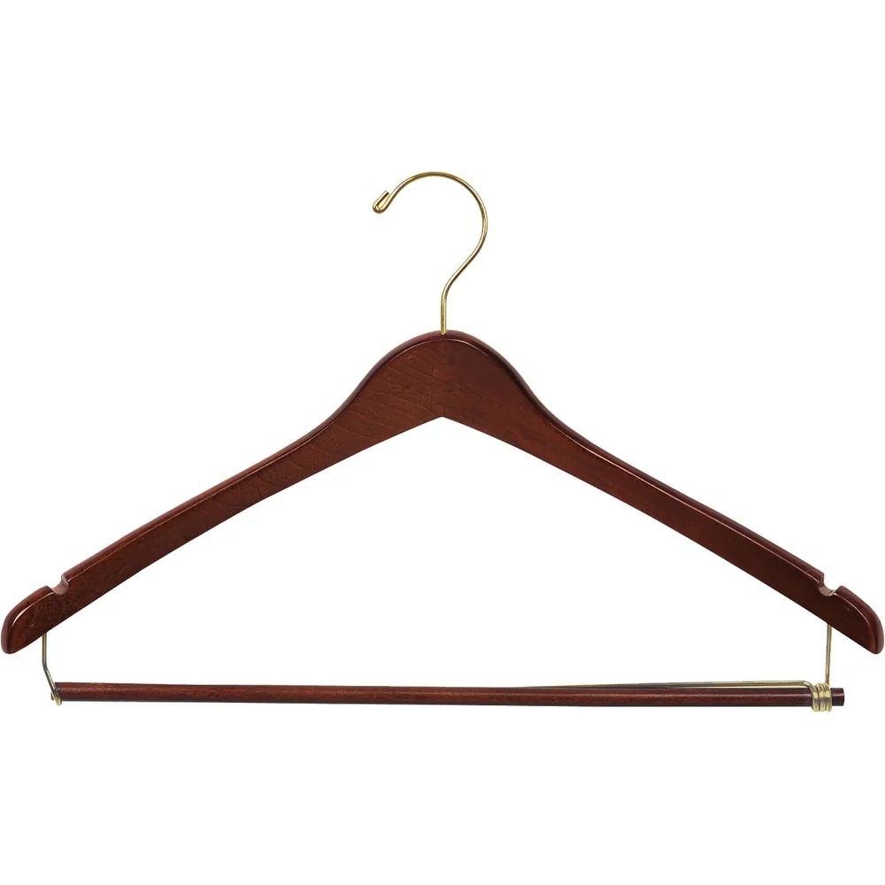 Curved Wood Suit Hanger with Locking Bar, Set of 25 17 Inch Hangers with Walnut Finish & Brass Swivel Hook & Notches