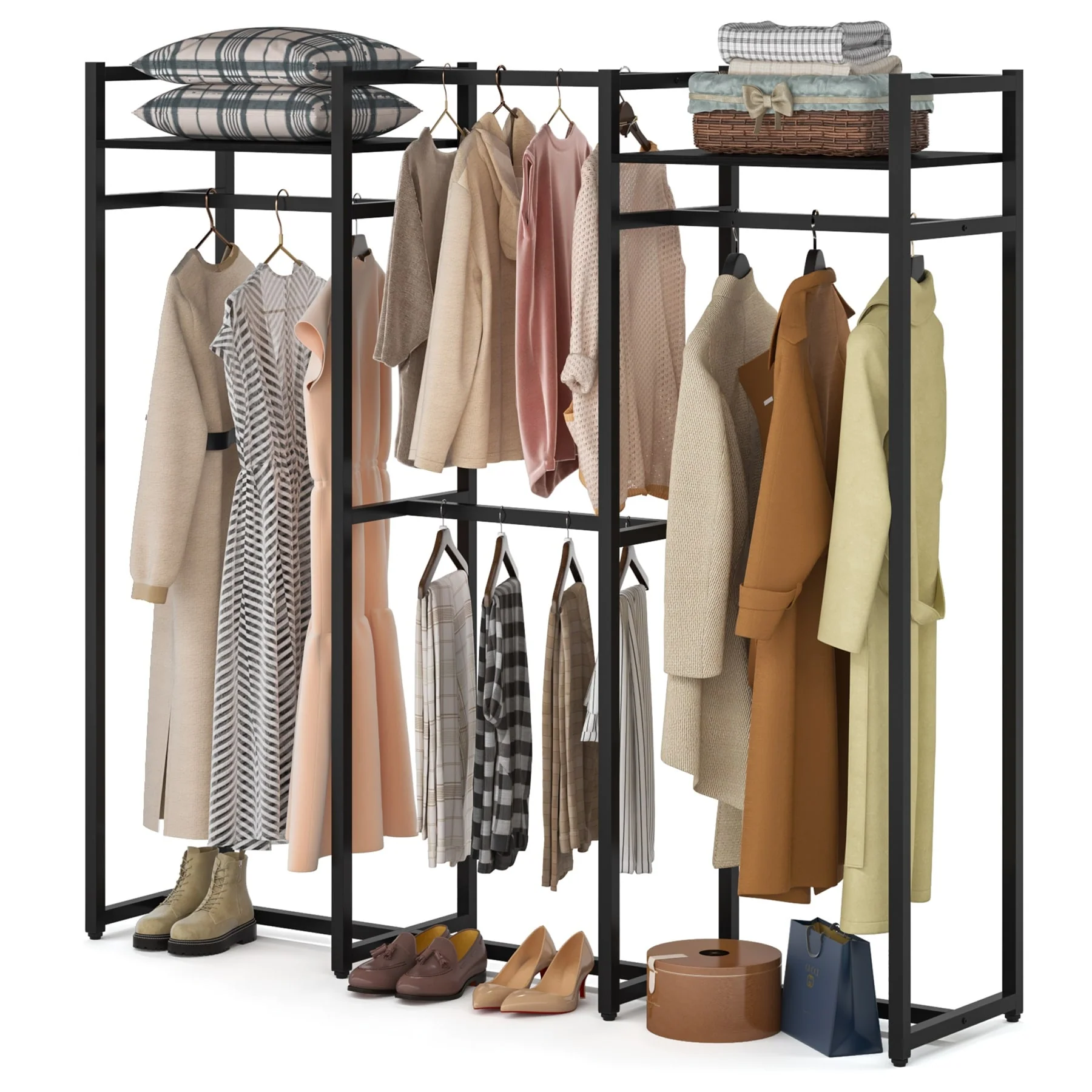 Free Standing Closet Organizer with Hanging Rods, Garment Rack Heavy Duty Clothes Rack with Storage Shelves, Max Load 500LBS