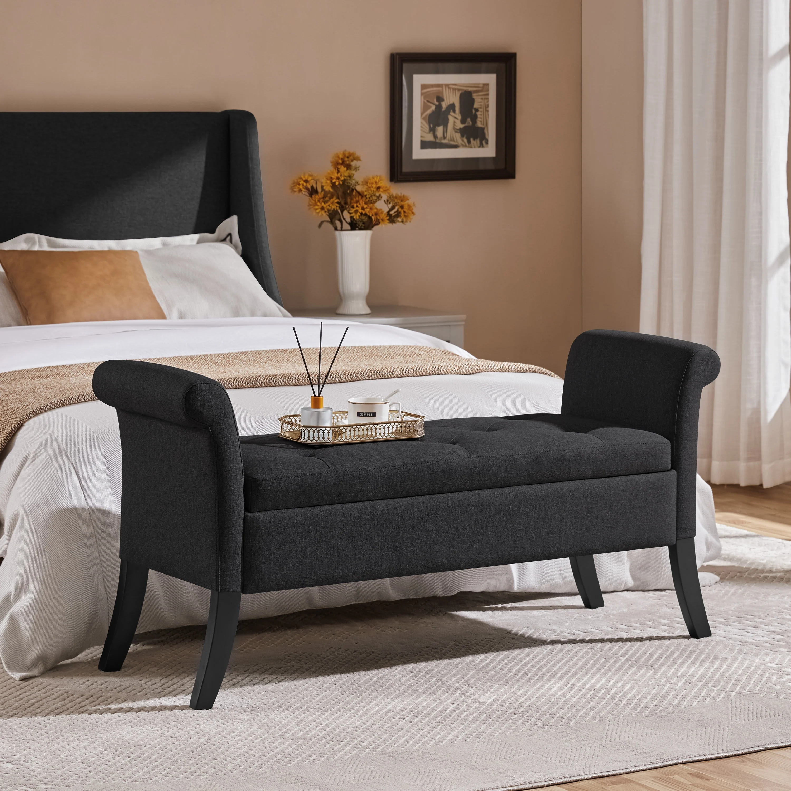 Yaheetech Modern Fabric Tufted Storage Bench with Cushioned Ottoman