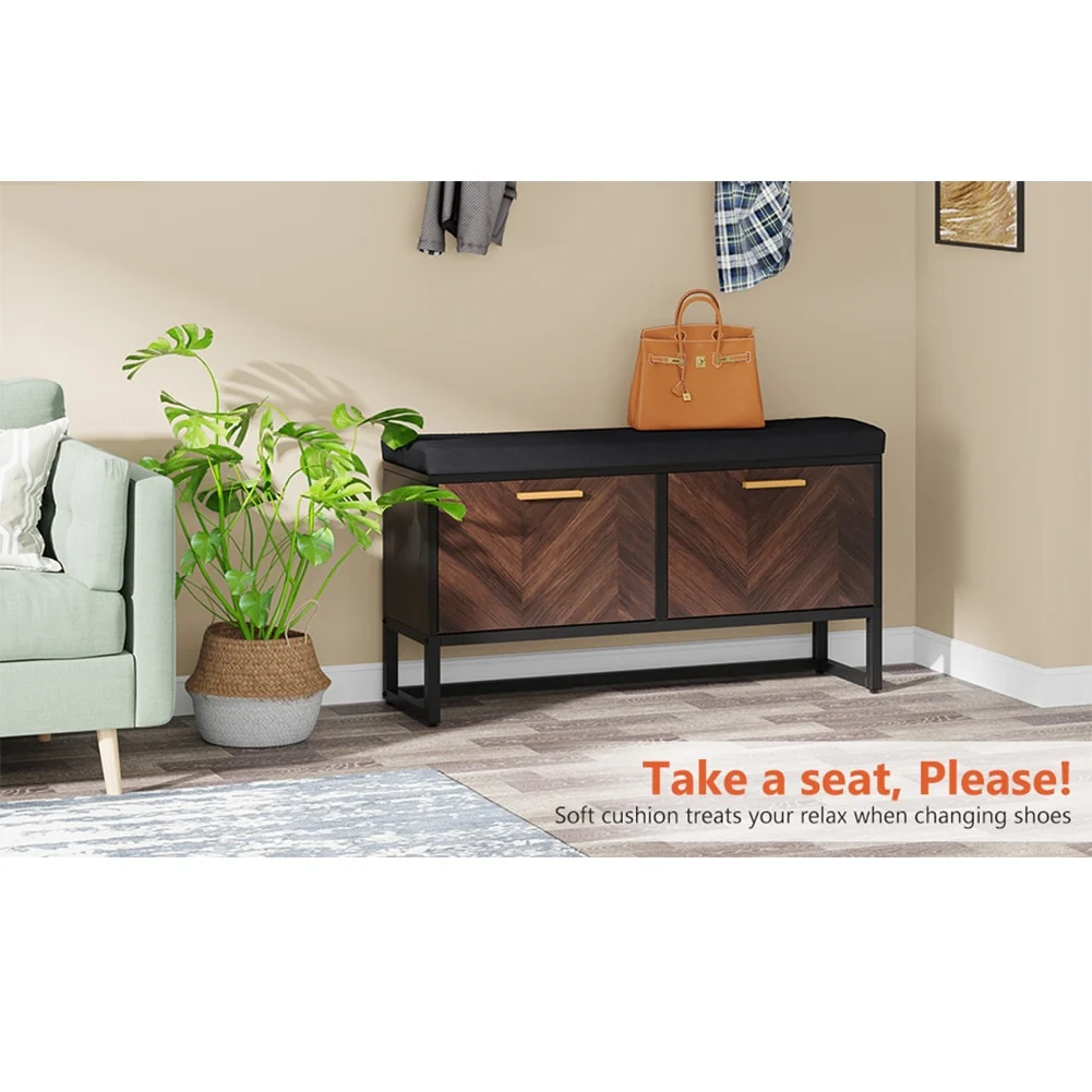 Shoe Storage Bench with Cushion, Entryway Shoe Bench with 2 Flip Drawers