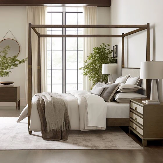 Queen Size Canopy Bed with Upholstered Headboard and Wood Frame