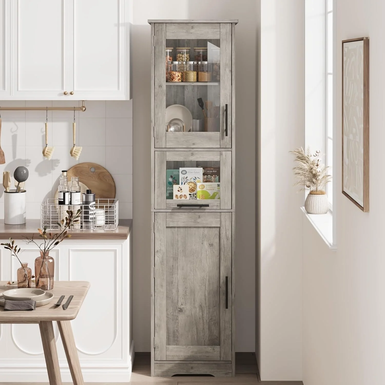 Tall Bathroom Cabinet, Linen Storage Cabinet with Doors and Adjustable Shelves and Drawer