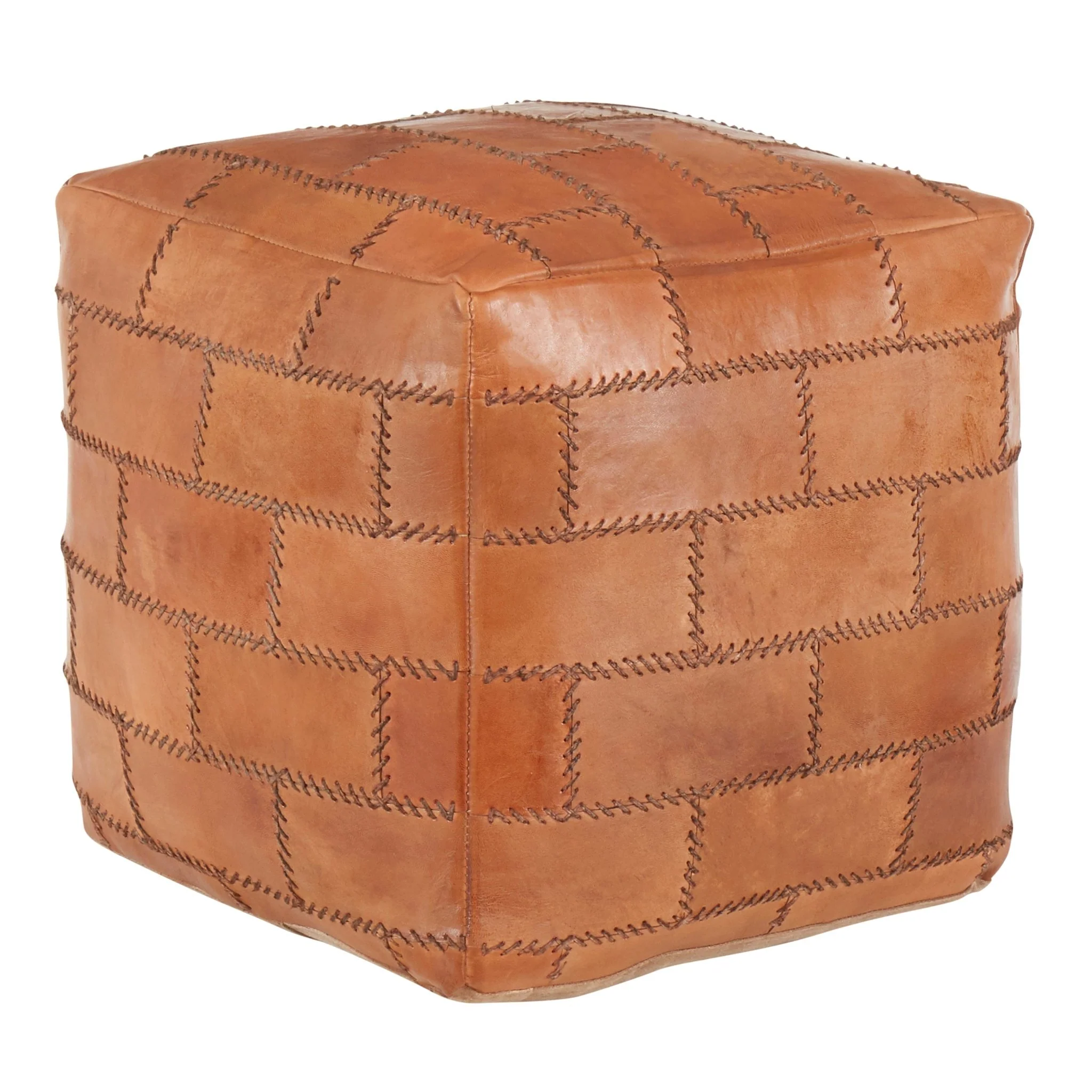 Leather Pouf with Patchwork Stitching