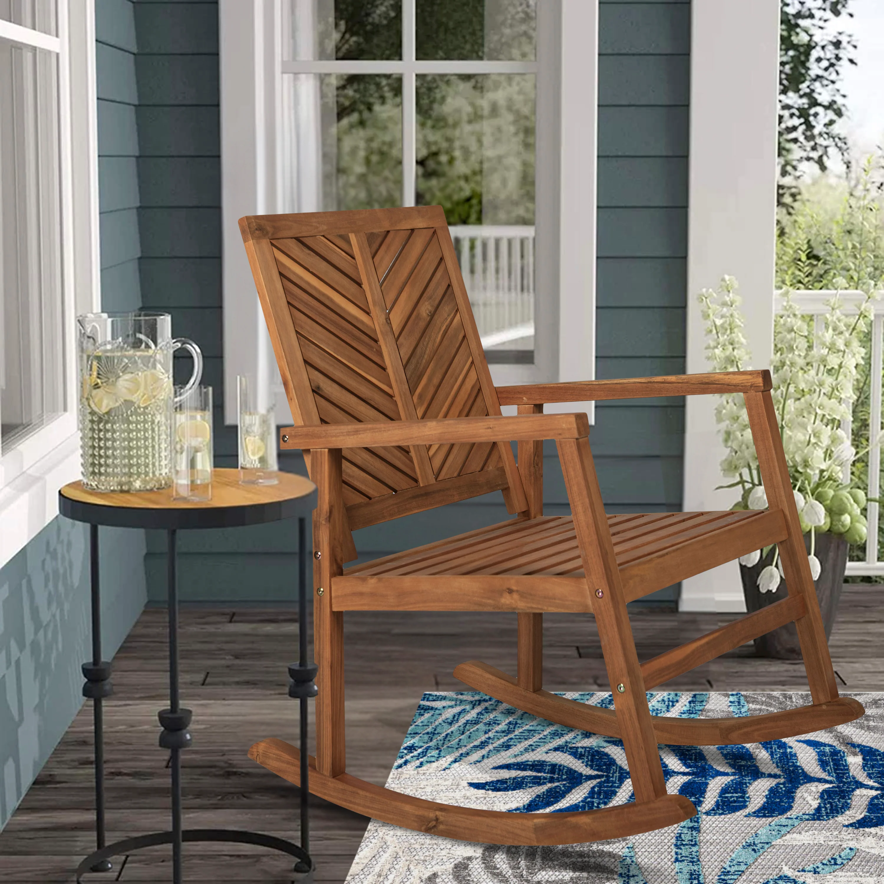Ned Modern Chevron-Back Acacia Wood Patio Outdoor Rocking Chair
