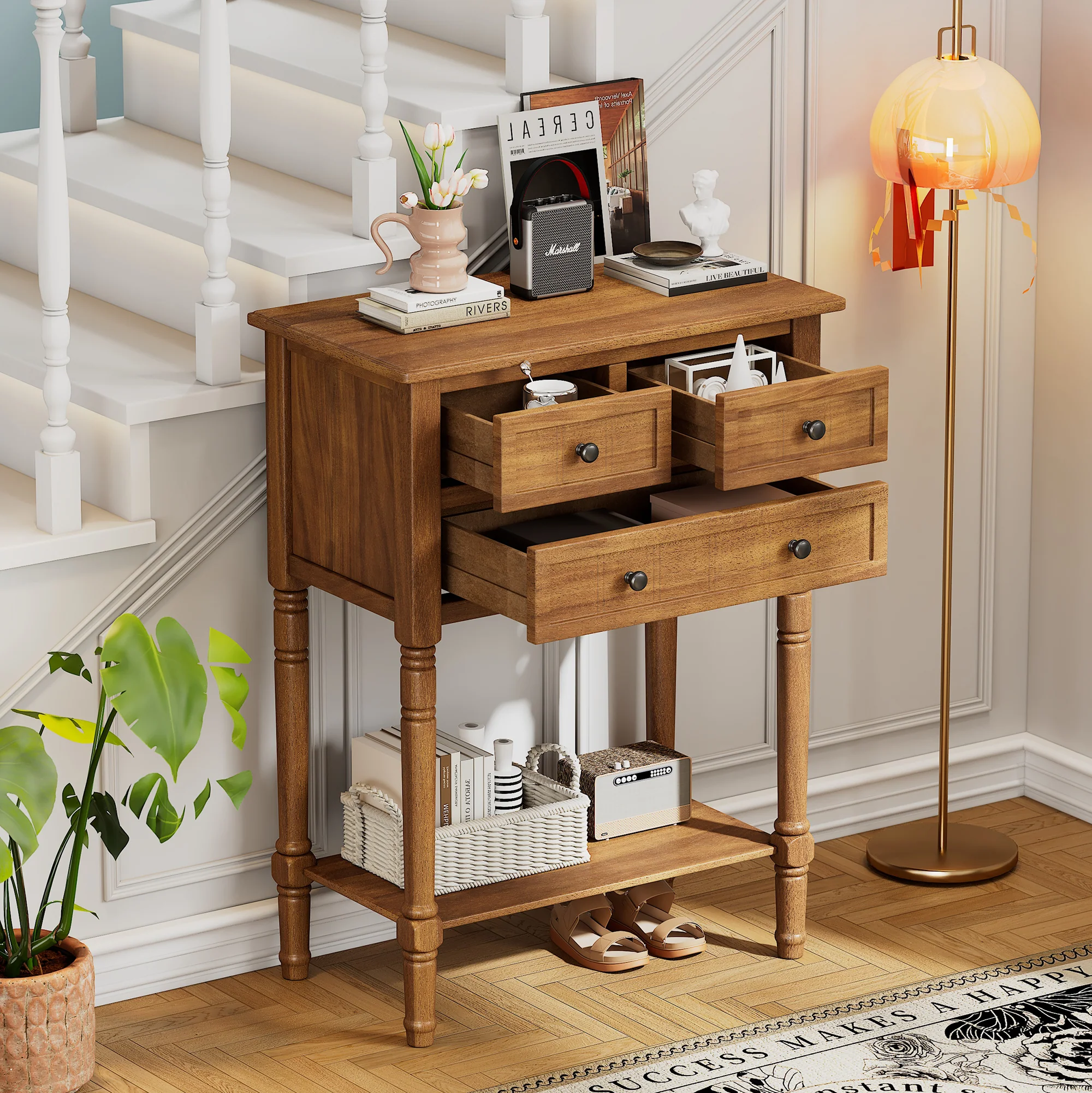 Conquest Narrow Console Table with 3 Drawers and Bottom Shelf