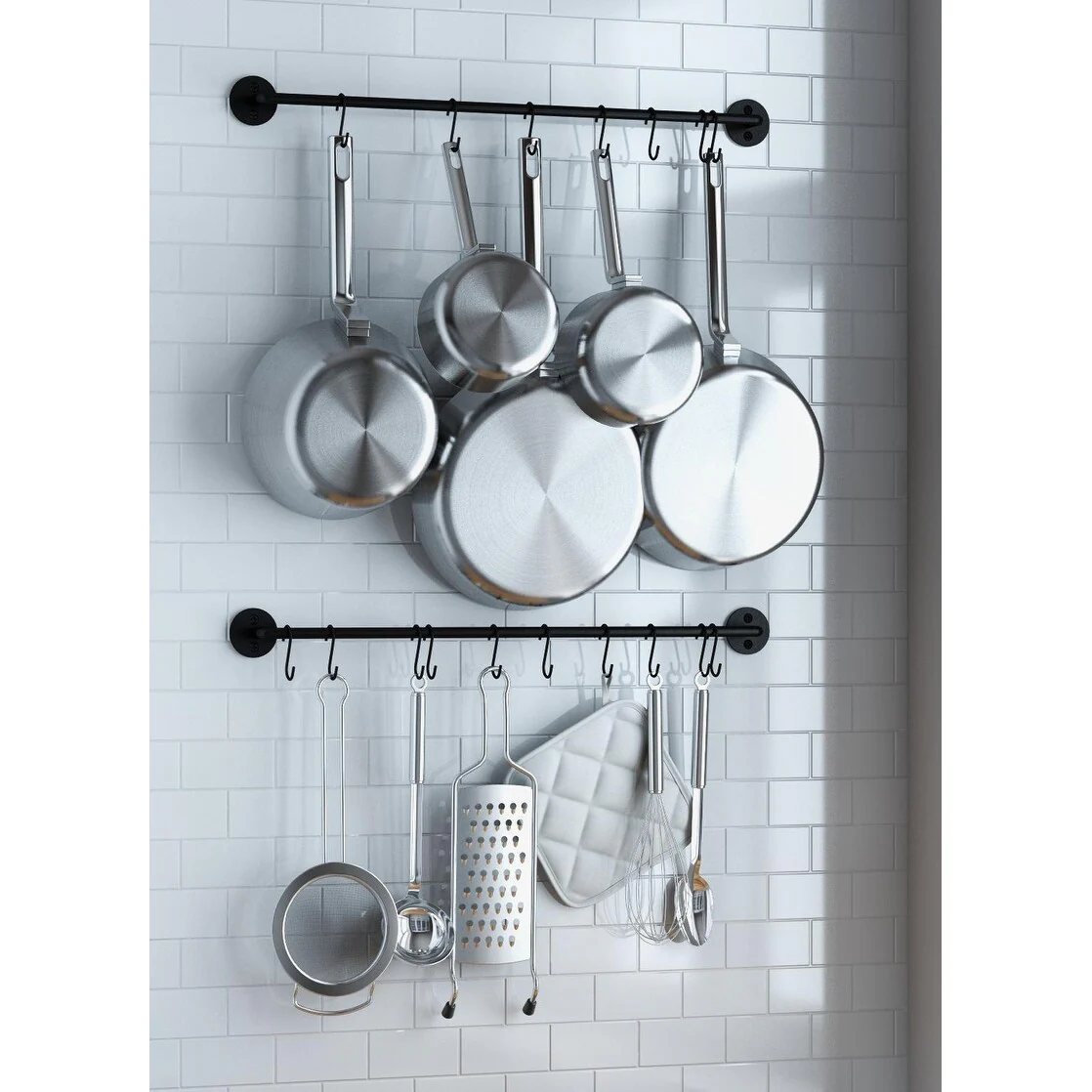 Wallniture Cucina Kitchen Utensil Holder with 20 S Hooks, Pot Racks, Black (Set of 2)