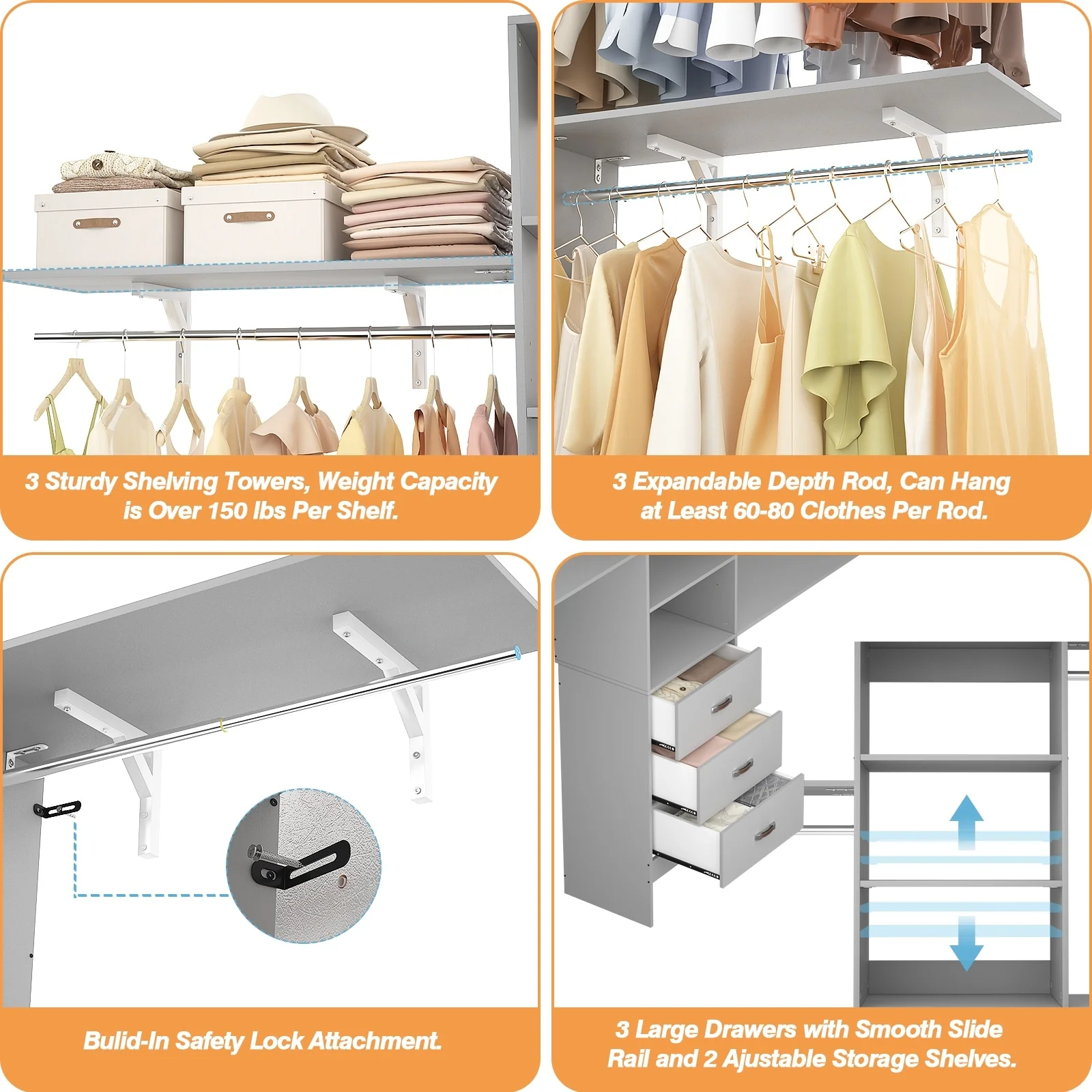 Rackcog 120'' Closet Organizer with Drawers, Closet System with DIY Shelves for Reach-in and Walk-in Closet
