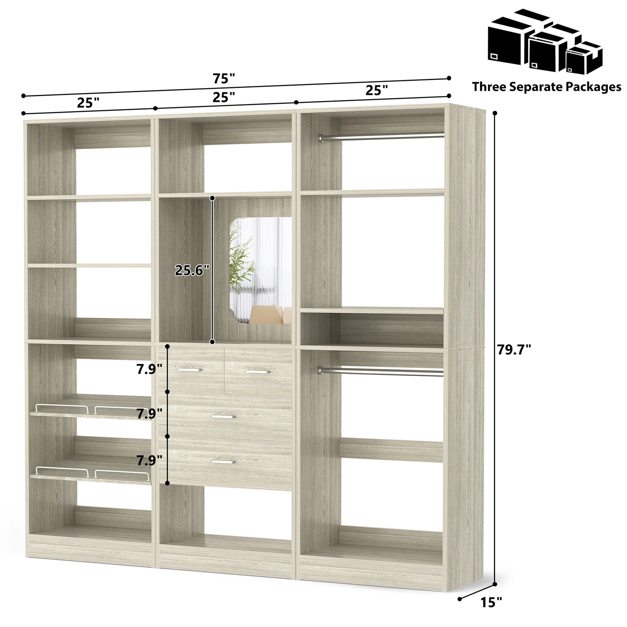 Cimly Set of 3 Freestanding Closet System with Drawers and Shoe Racks, 75'' Closet Organizer with Hanging Rods and Mirror