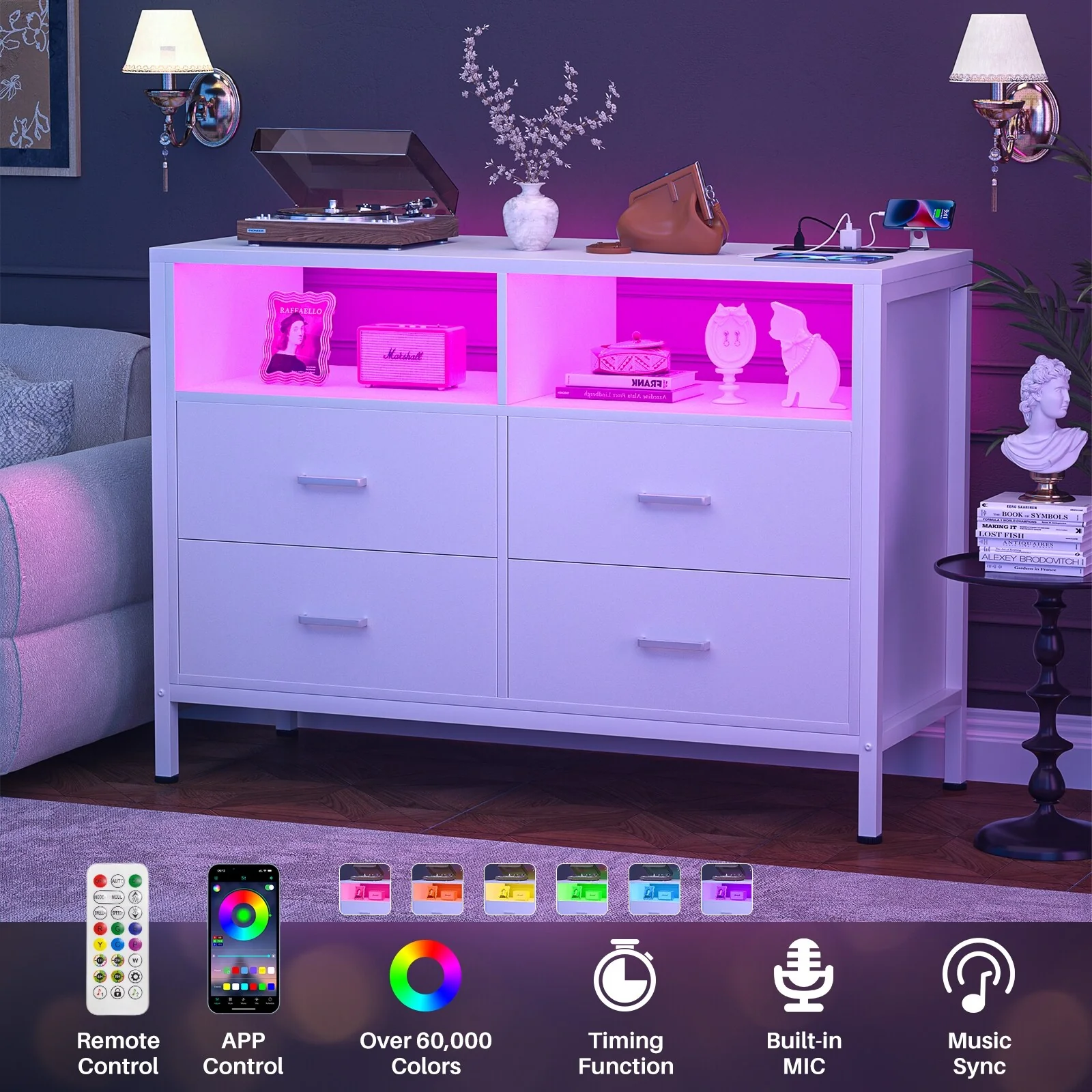 Chest of Drawers with LED Lights and Outlets,Wood Drawer Dresser for Clothes Storage