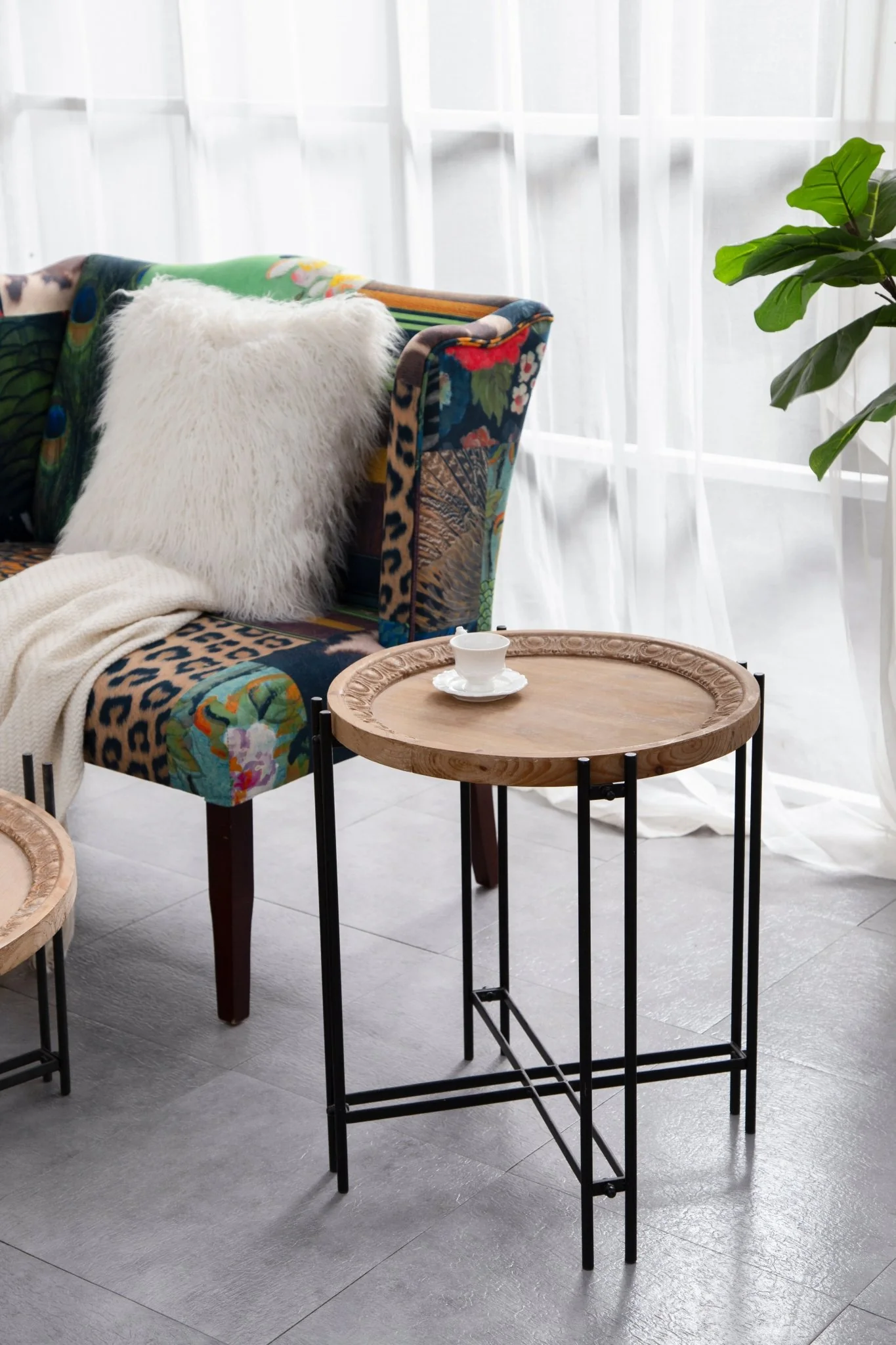 Side Table with Wooden Top and Metal Legs