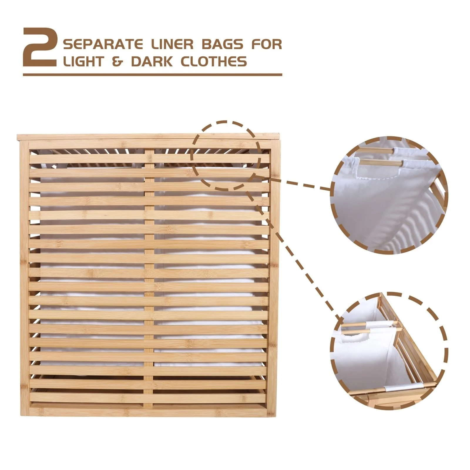 VEIKOUS Bamboo Divided Hamper Laundry Basket with Lid and Removable Liner Bags, 2 Section - 22''W x 25.3''H x 14''D