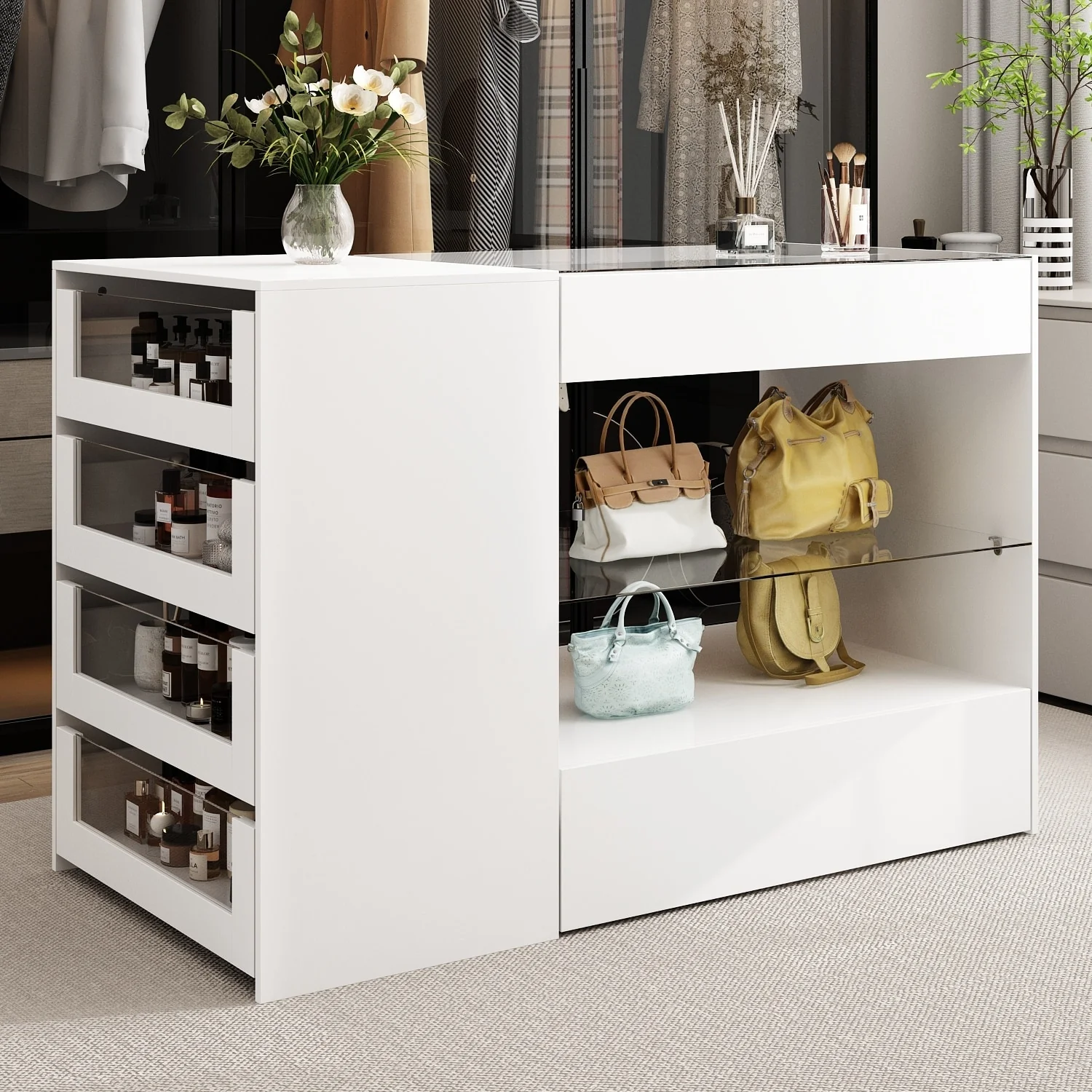 Dressing Island with Glass Shelves Spacious White Organizer Closet - 47.2