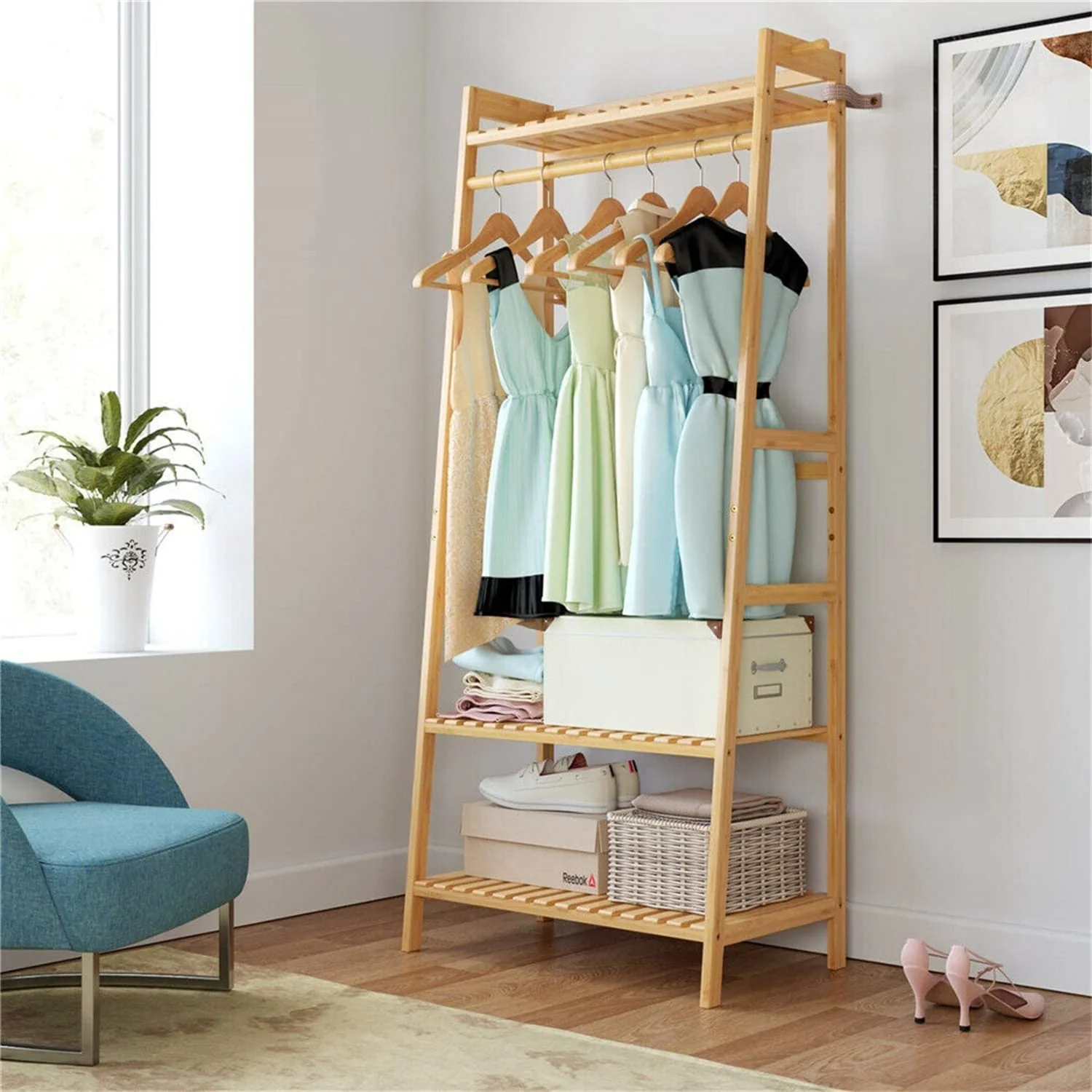 Bamboo Garment Coat Clothes Hanging Heavy Duty Rack with Top Shelf - 31 in. x 65 in.x 17 in.