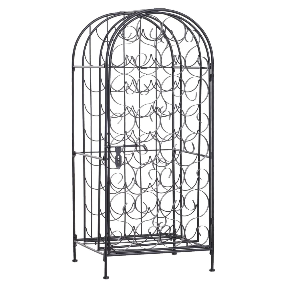 HOMCOM 35 Bottle Wrought Iron Wine Rack Jail with Lock - Black - 17.5*14*38.5