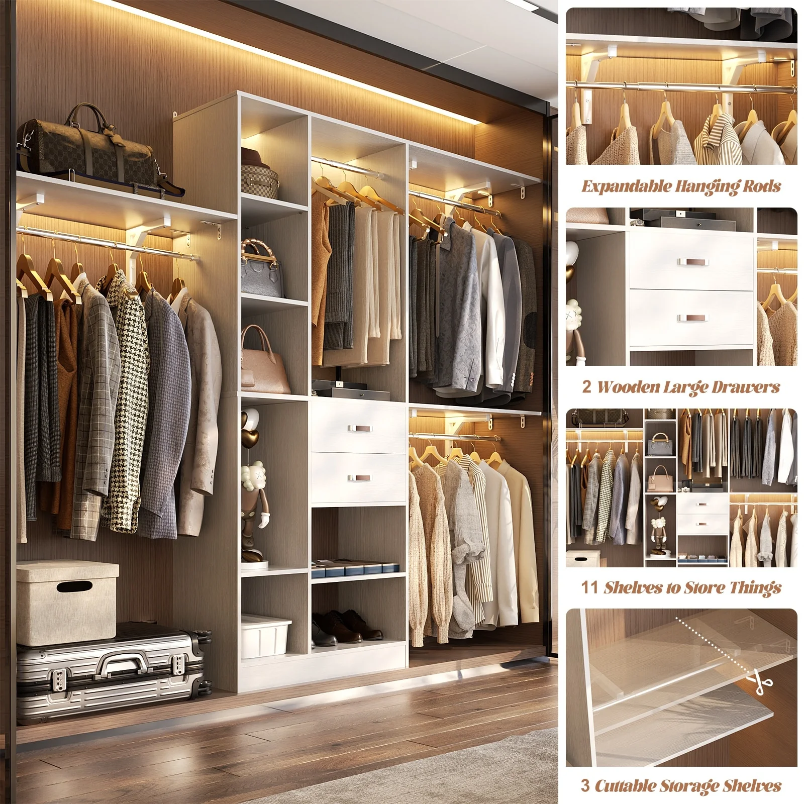 31.5'' to 96'' W Closet Organizer System with Drawers and Tower Shelves for Reach-in and Walk-in Closet