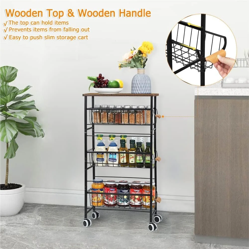 4-Tier Slim Storage Cart with Slide-Out Wire Baskets - 1PCS