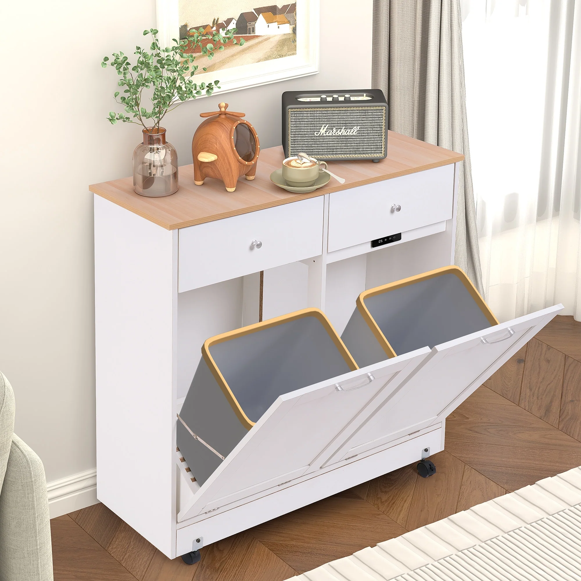 Erommy Tilt Out Trash Cabinet, Wooden Kitchen Trash Can Free Standing Waste Bin, Recycling Hideaway Garbage Can Holder