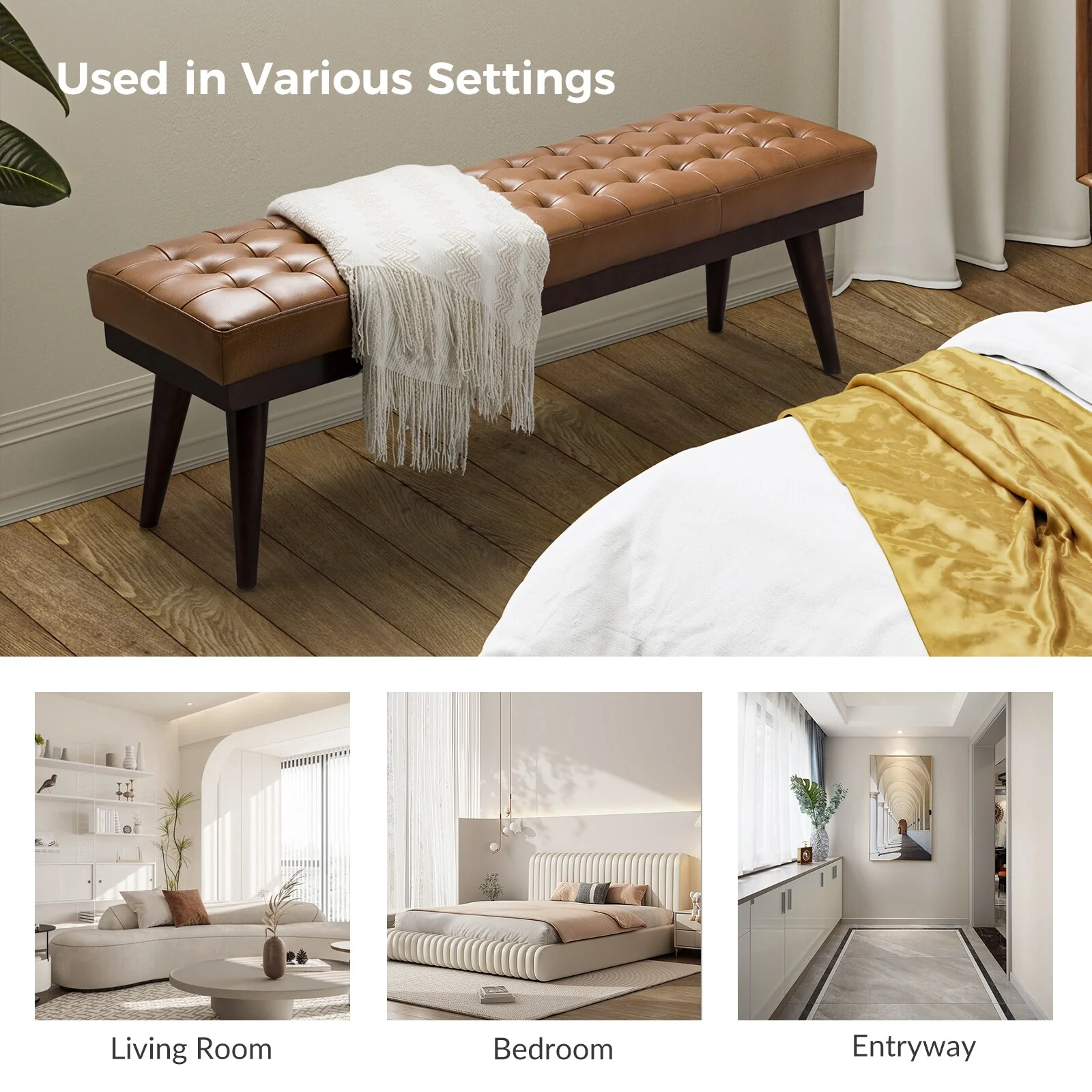 Felisa Modern Genuine Leather Tufted Bench With Solid Wood Base By HULALA HOME