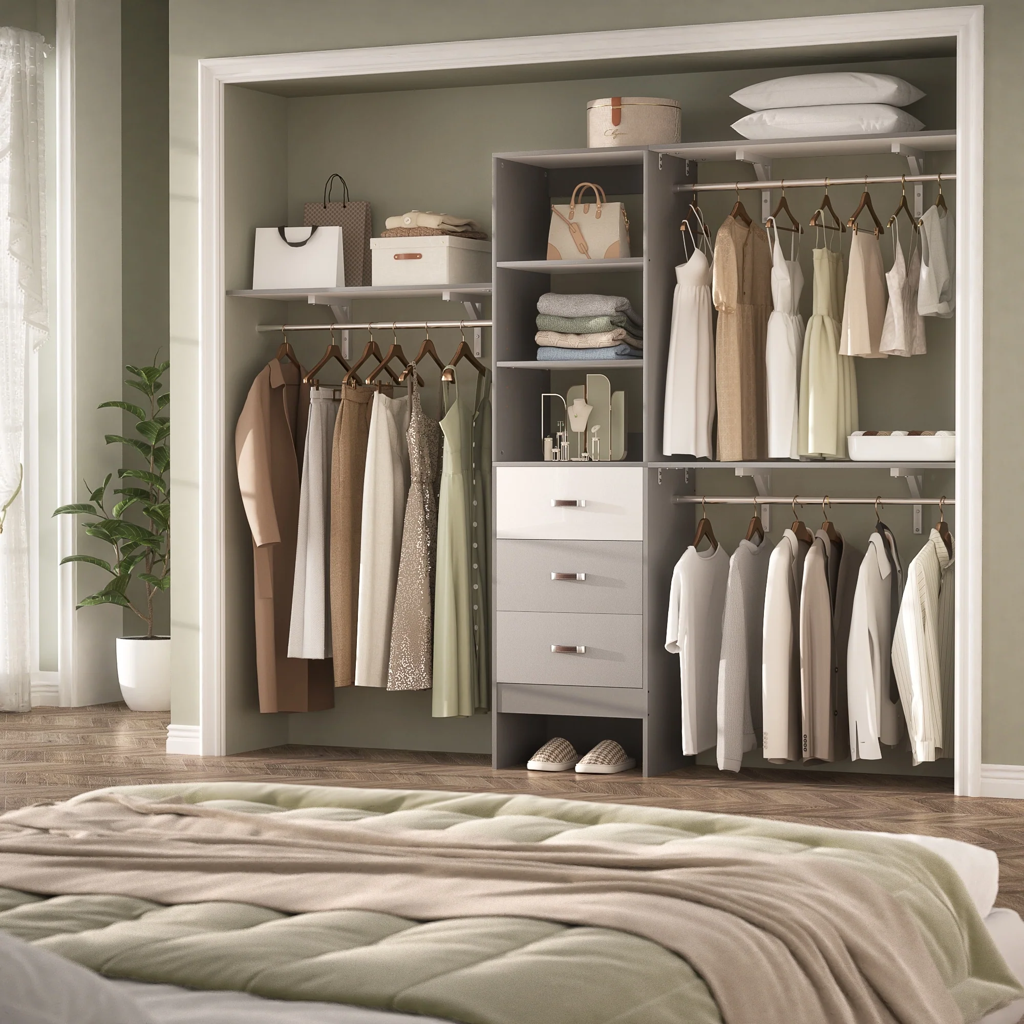 Rackcog 120'' Closet Organizer with Drawers, Closet System with DIY Shelves for Reach-in and Walk-in Closet