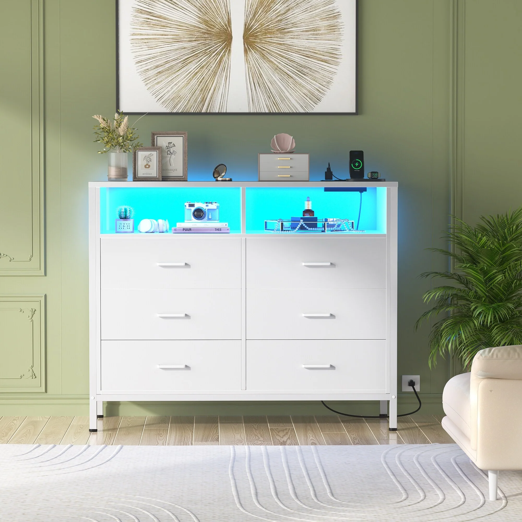 Chest of Drawers with LED Lights and Outlets,Wood Drawer Dresser for Clothes Storage