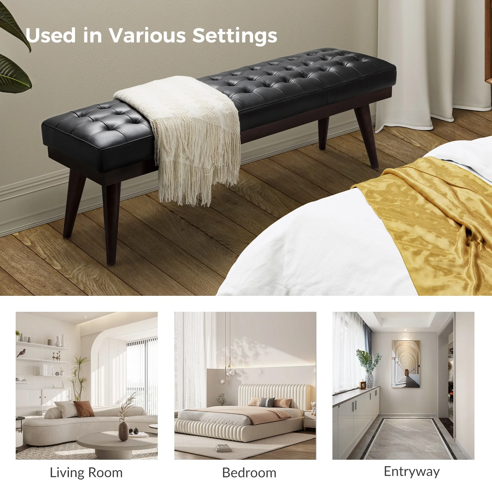 Felisa Modern Genuine Leather Tufted Bench With Solid Wood Base By HULALA HOME