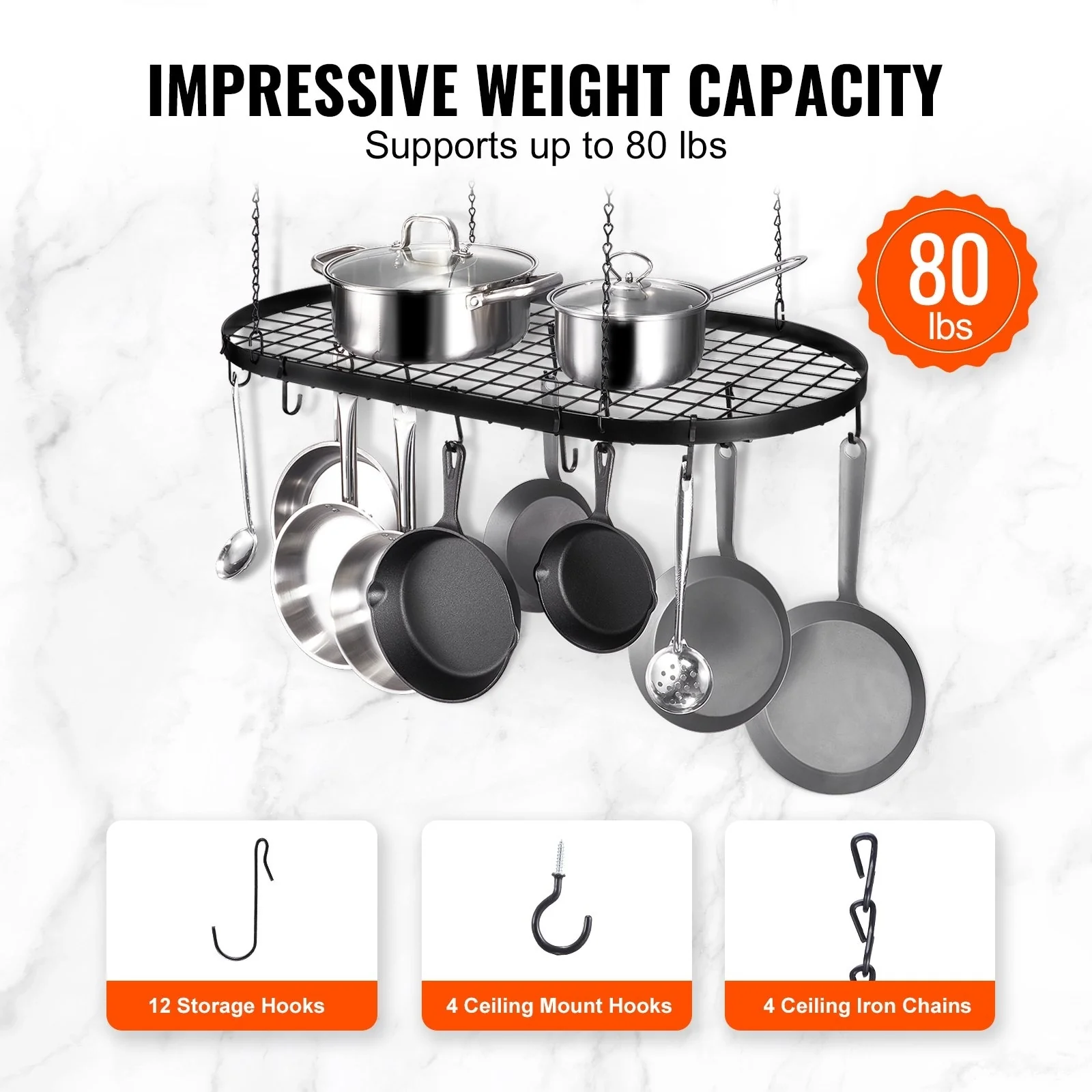 Black Carbon Steel Ceiling Mounted Hanging Pot Rack with S Shaped Hooks Ideal for Home or Restaurant