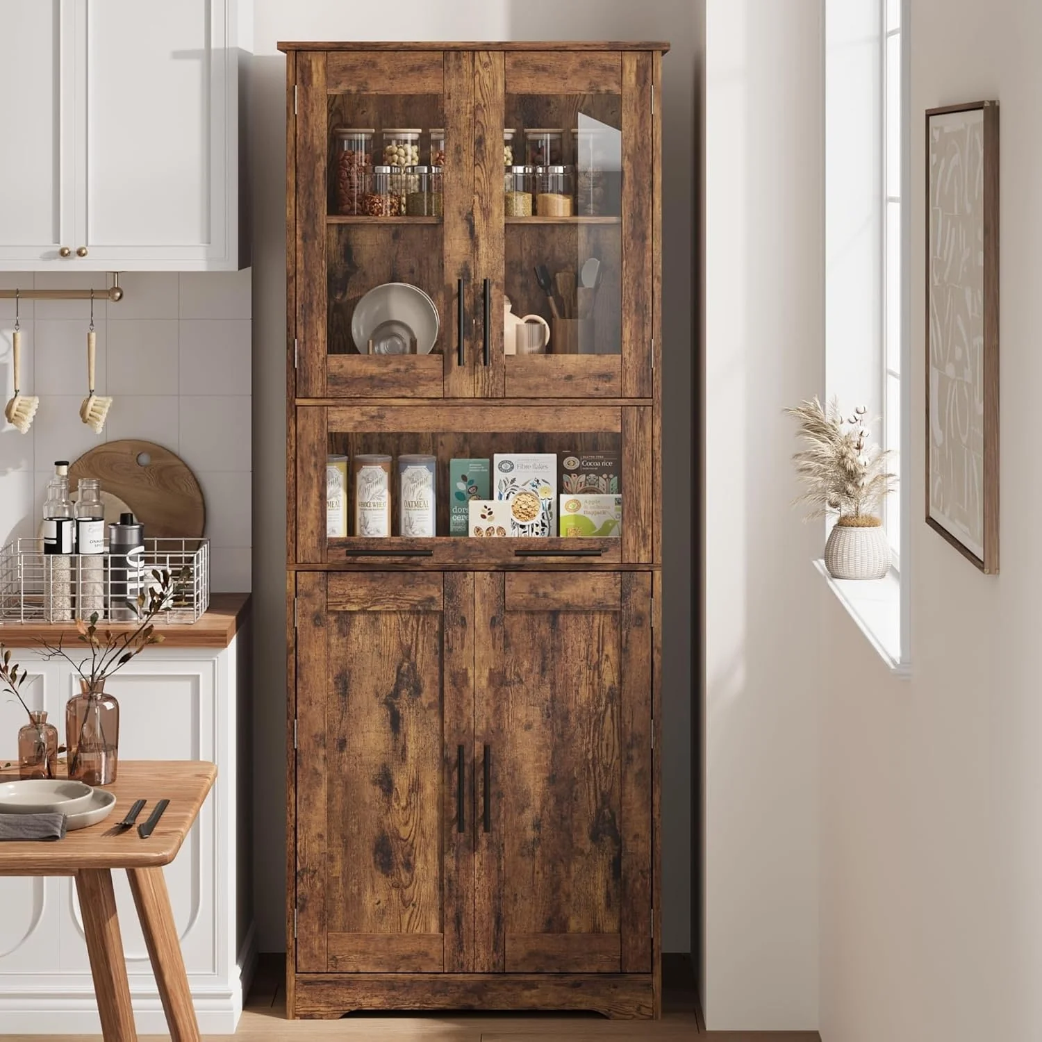 Tall Bathroom Cabinet, Linen Storage Cabinet with Doors and Adjustable Shelves and Drawer