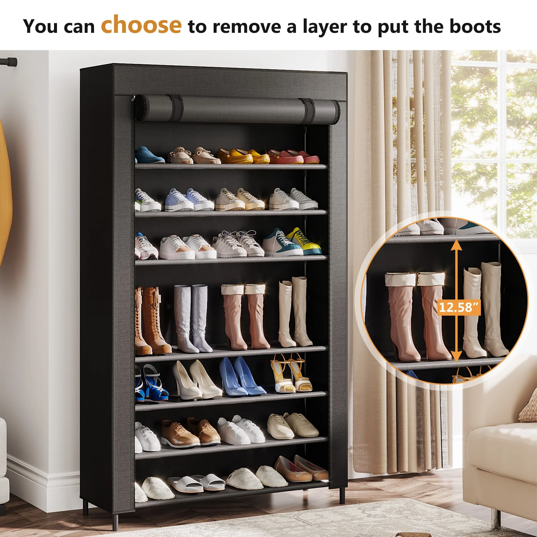 9-Tier Tall Shoe Shelf Stand Rack Organizer with Non-woven Fabric Cover - 10-tier
