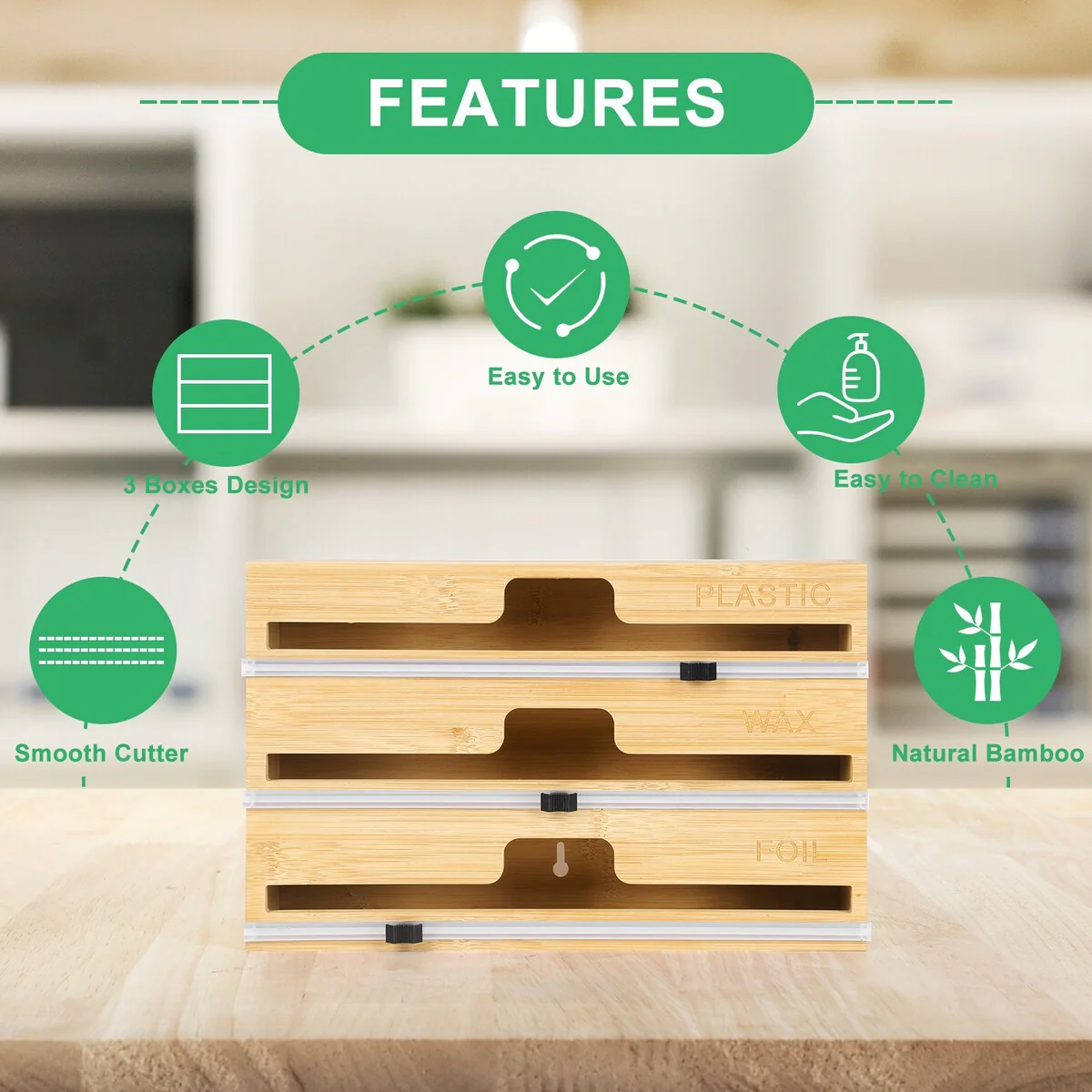 Plastic Wrap, Aluminum Foil and Wax Bamboo Dispenser for Kitchen Storage - 1PCS