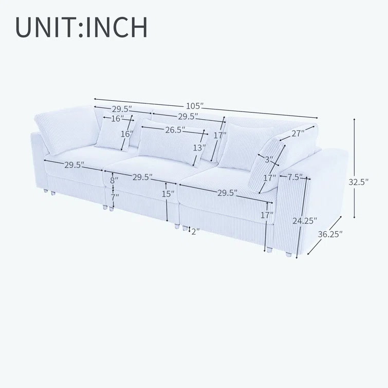 Pasol 3-Seater Sofa with Removable Back Cushions and 5 Pillows Soft Corduroy Cushions
