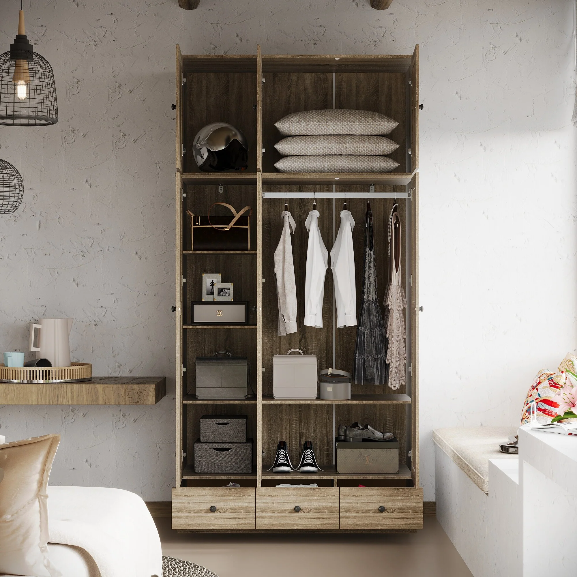 Large Storage Wardrobe Versatile Rattan Door Closet with Deep Drawers