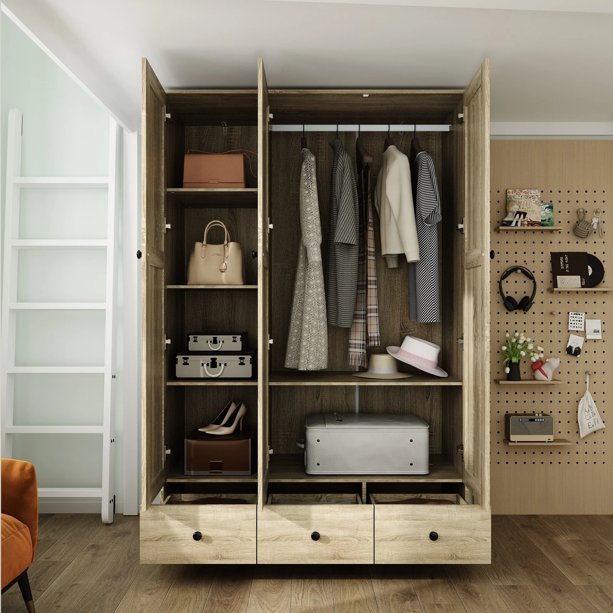 Large Storage Wardrobe Versatile Rattan Door Closet with Deep Drawers