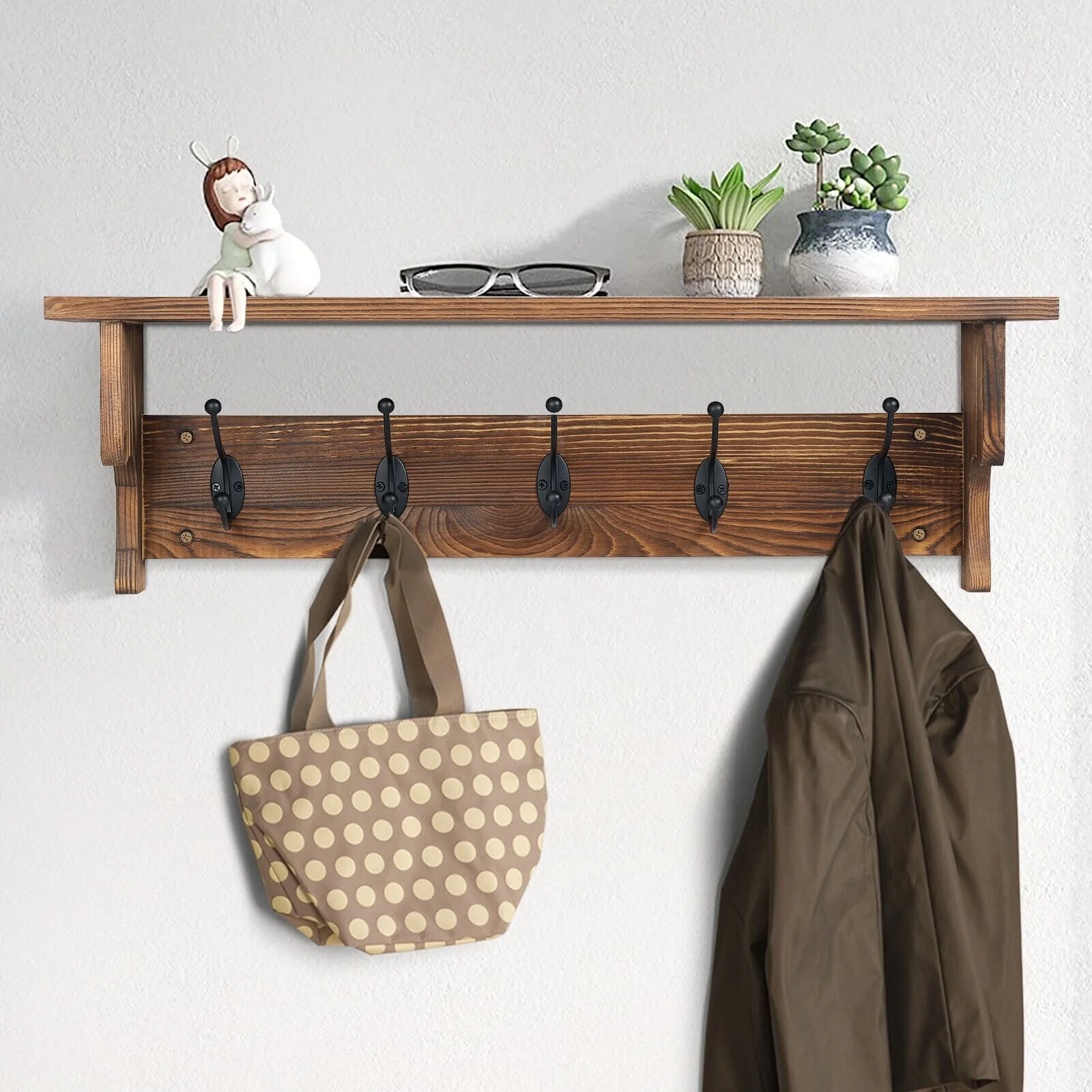 Rustic Wall Mounted Coat Rack with Storage Shelf & Metal Hooks