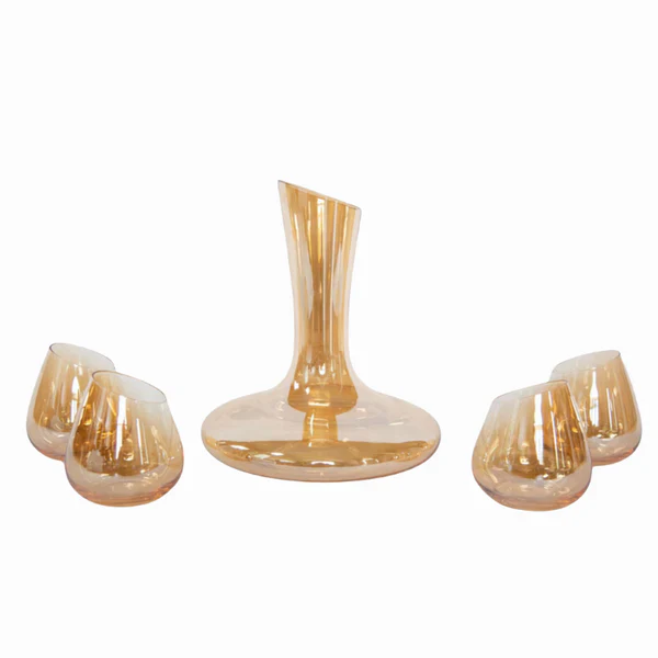 Wine Decanter and Set of Four Stemless Wine Glasses, Gold