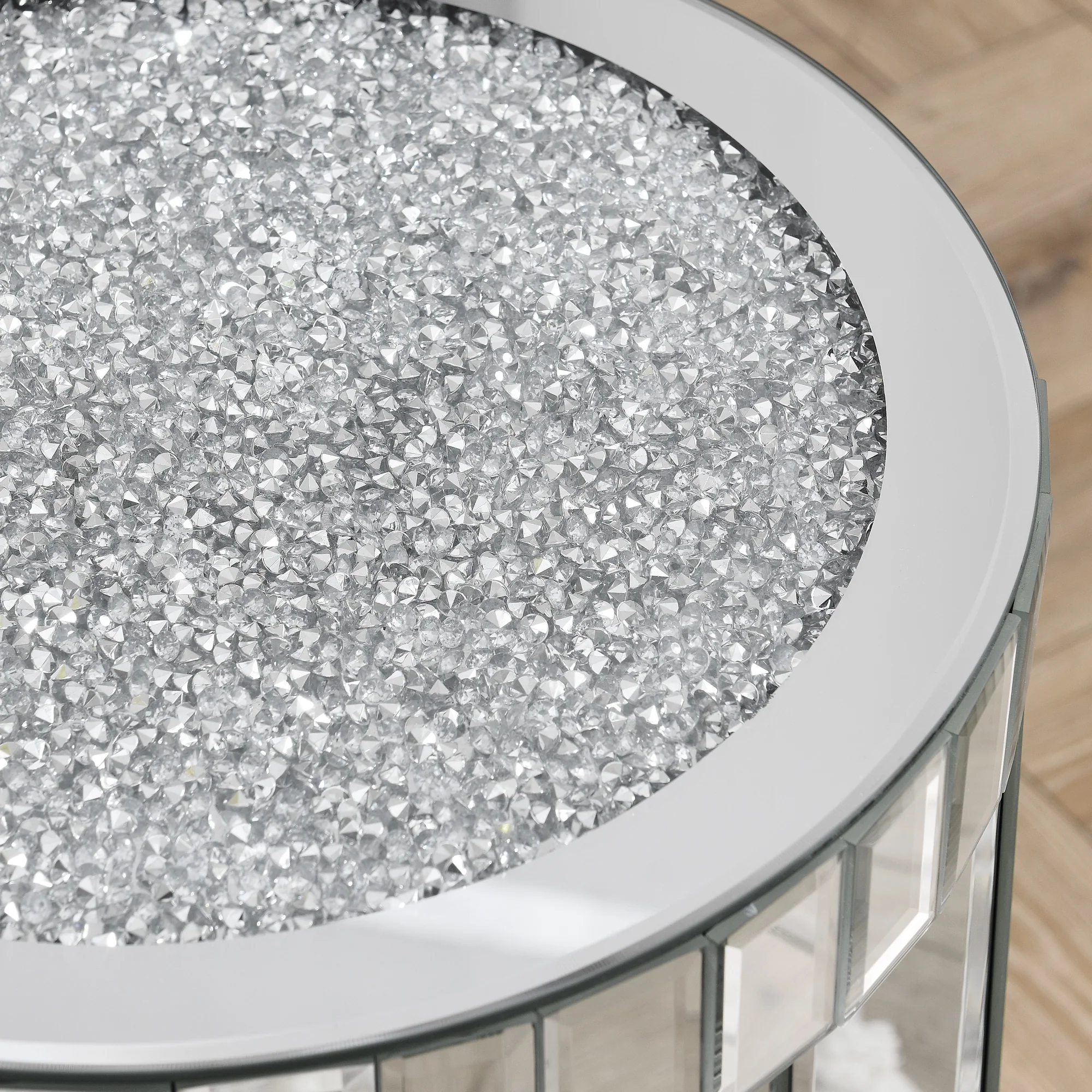 Mirror Round Side Table with Crystal Inlay and Storage Space