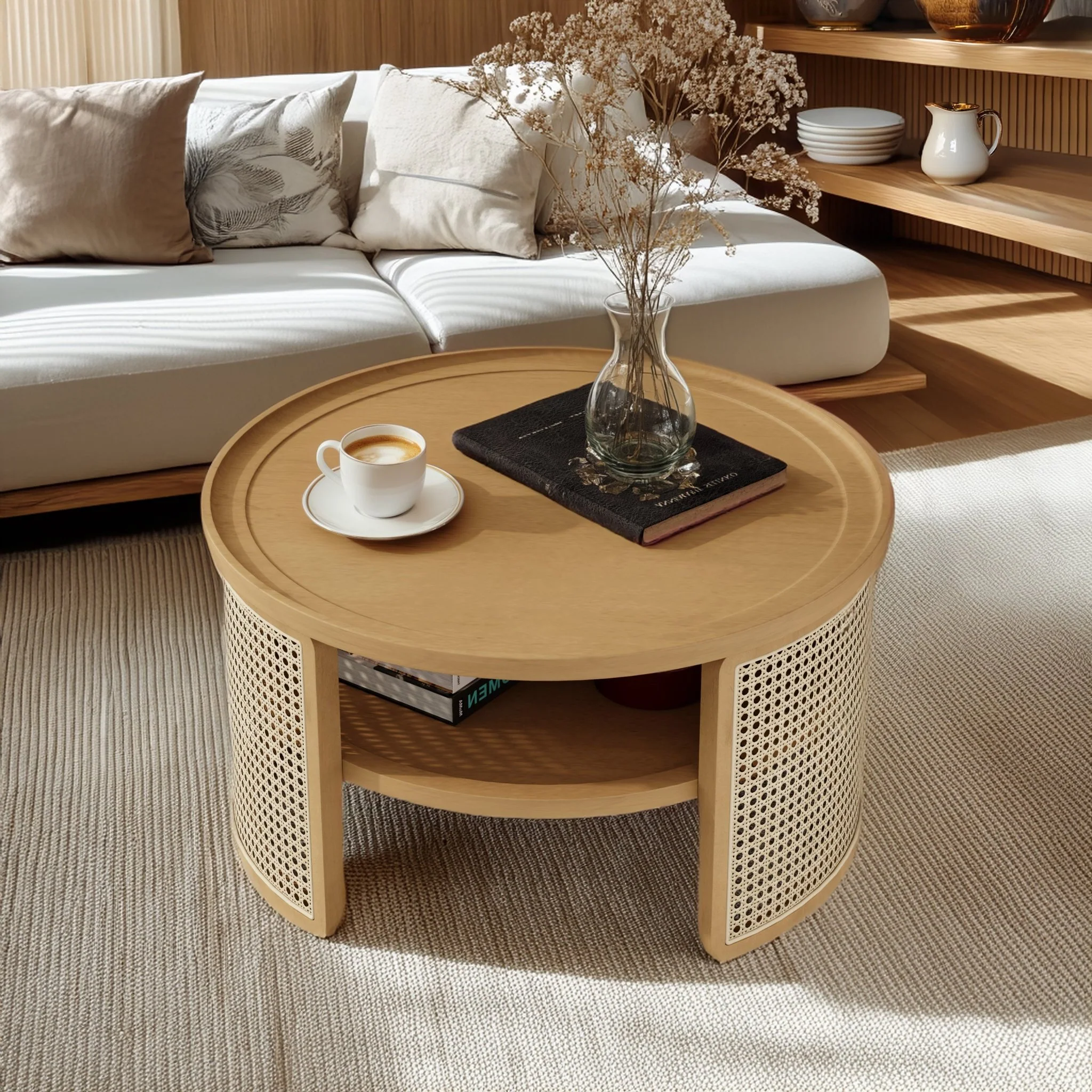 Wintered 2-Tiered Coffee Table with Rattan Base and Curved Edge Design