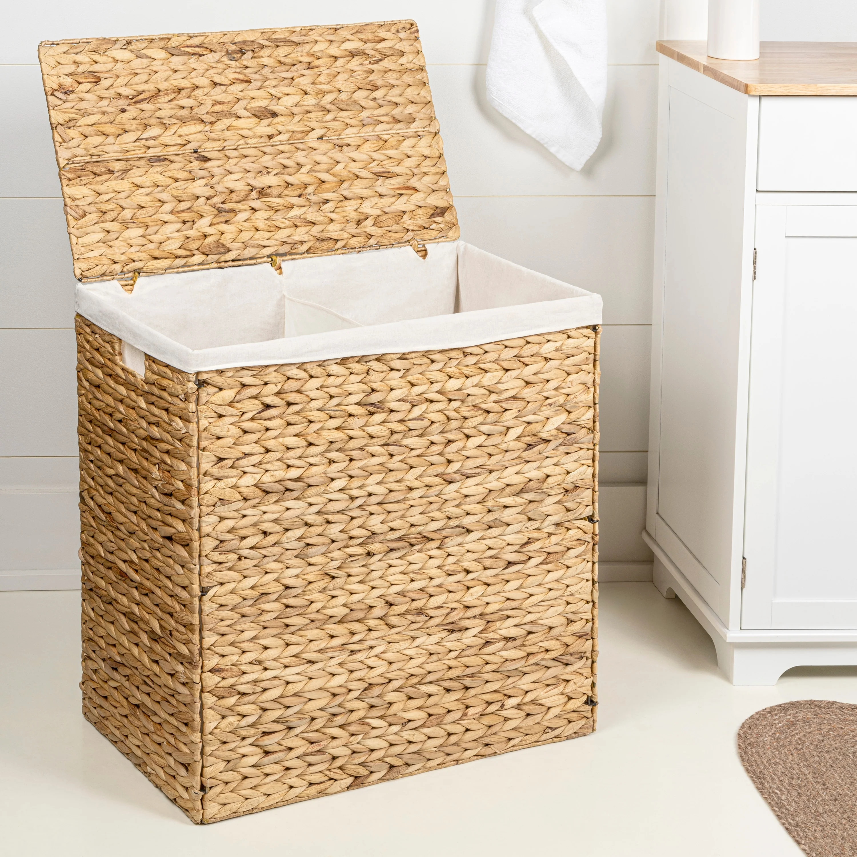 Handwoven 2-Section Collapsible Laundry Hamper, Washable Liner