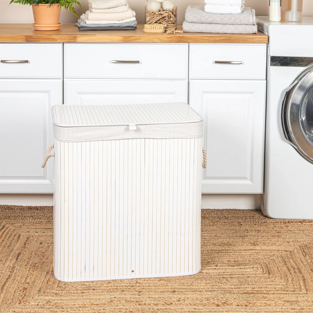 Household Essentials Bamboo Double Laundry Hamper with Rope Handles and Removable Laundry Bag