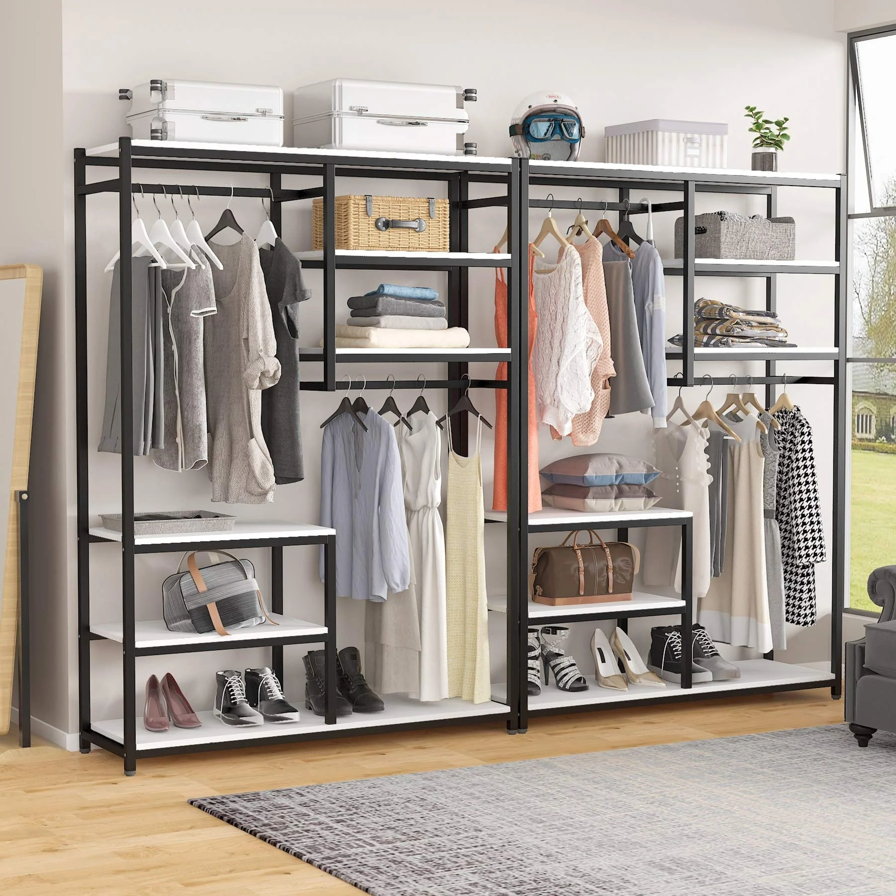 Freestanding Closet Organizer Garment Rack with Hanging Rod and Storage Shelf
