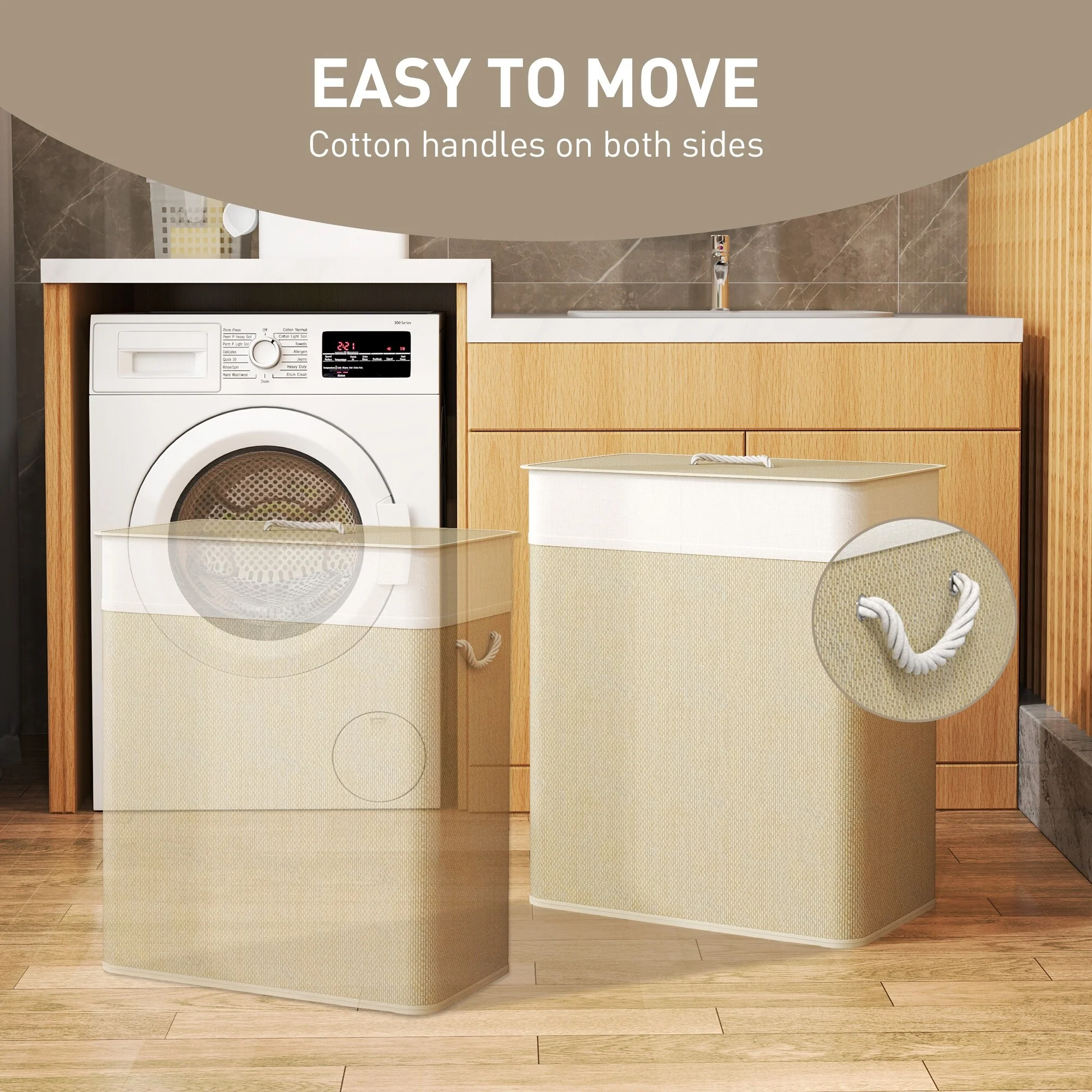 HOMCOM Double Laundry Basket with Lid, 26.4 Gallon Bamboo Laundry Hamper with Rope Handles, Clothes Hamper with Removable Liner