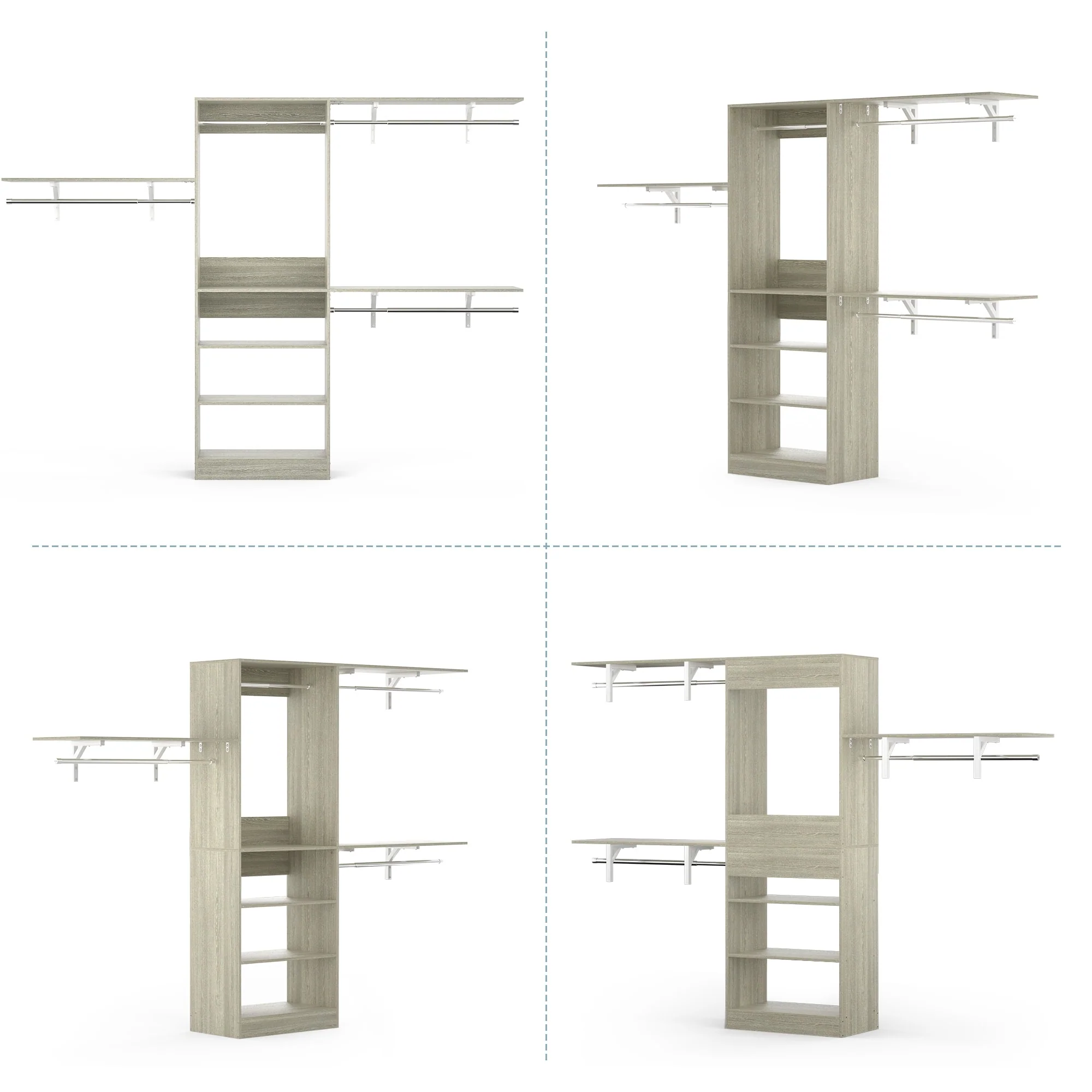 Rackcog 20-96'' W Closet System Starter Kit, Sturdy DIY Closet Organizer with 3 Winged Storage Shelves