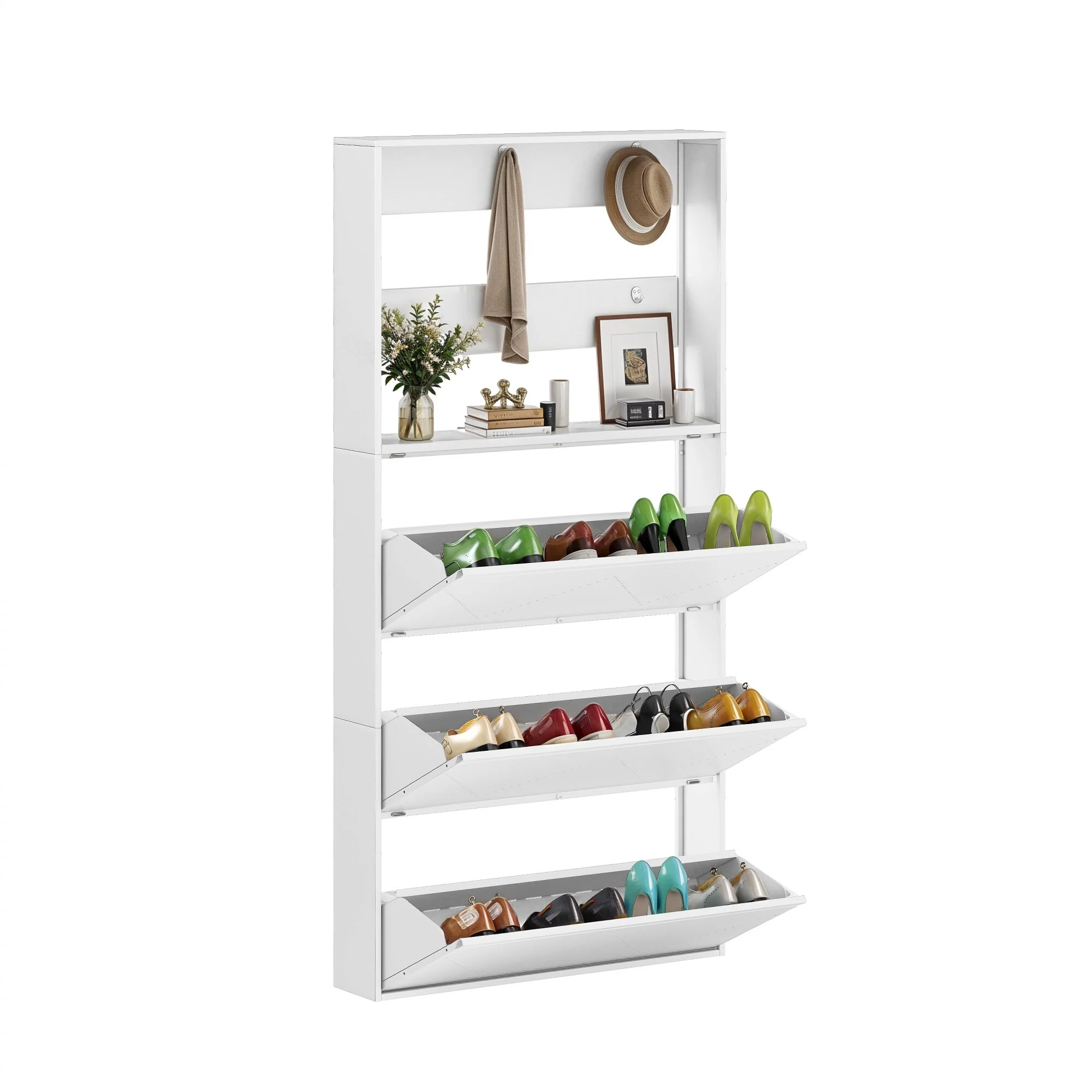 Moasis Wall-Mounted Shoe Cabinet with 3 Flip Drawers, Shoe Organizer with Hanging Bars and Hooks