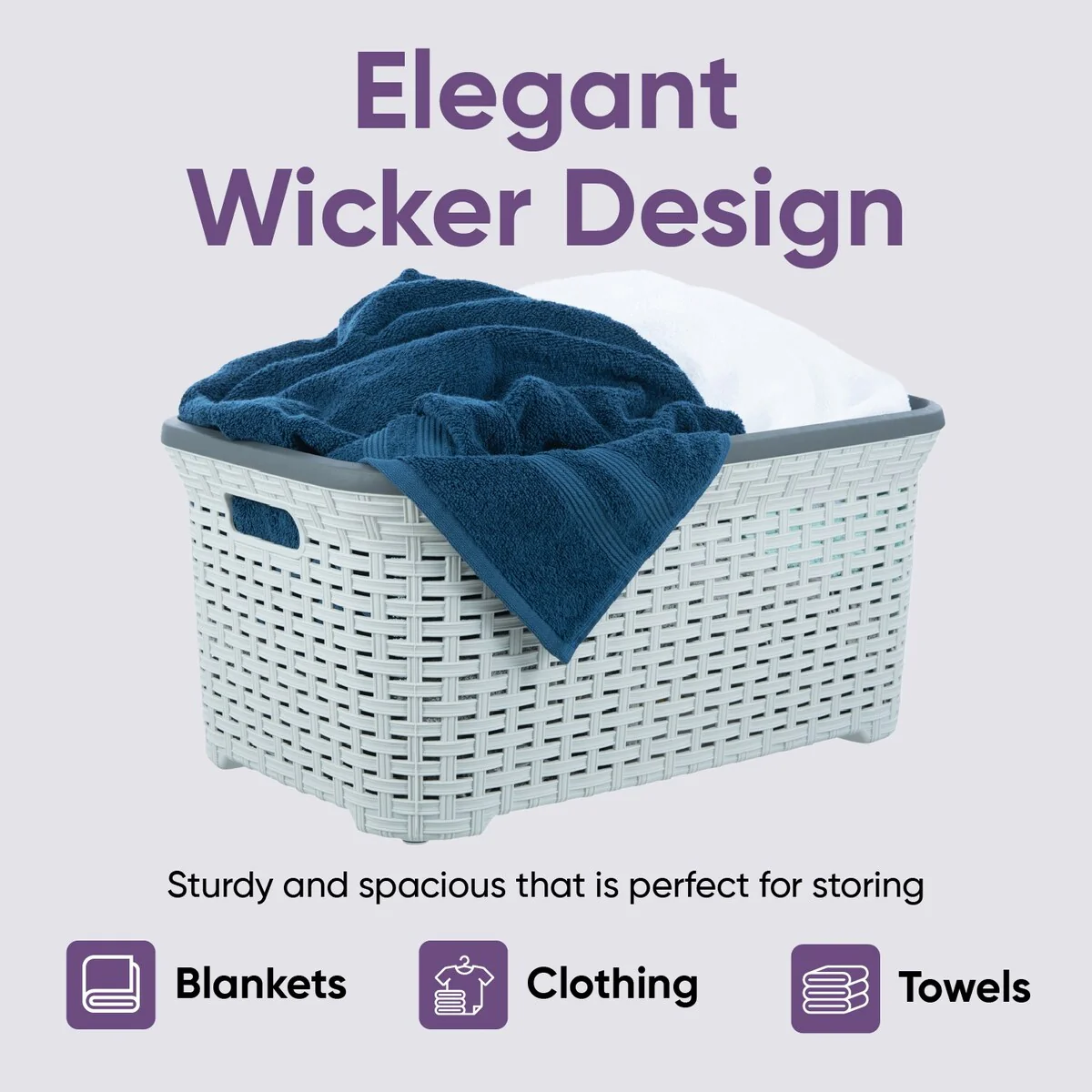 Superio Large Wicker Laundry Basket with Cutout Carry Handles - Capacity: 50l