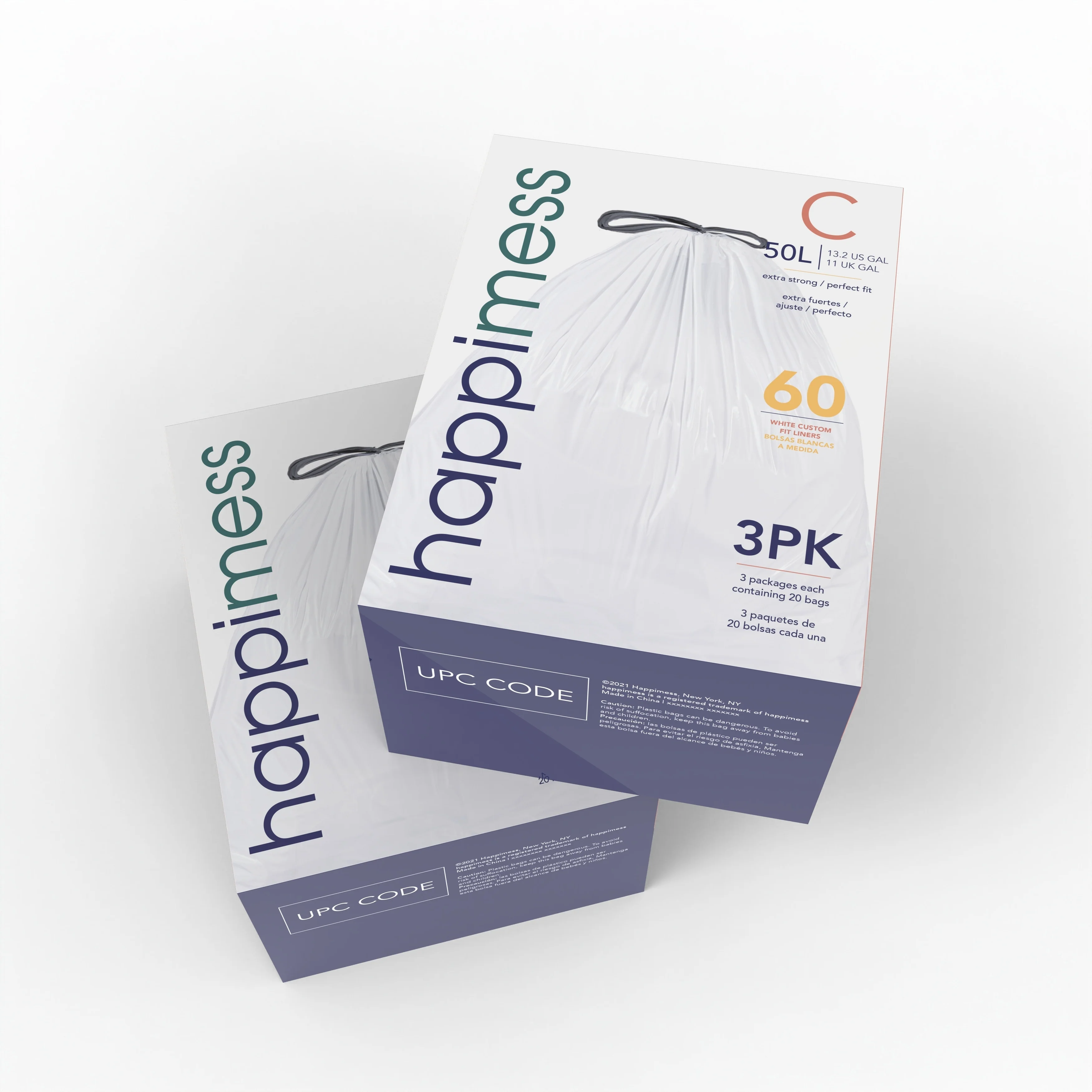 happimess 13.2 Gallon Drawstring Trash Can Liner, White (60-Count, 3-Packs of 20 Liners)