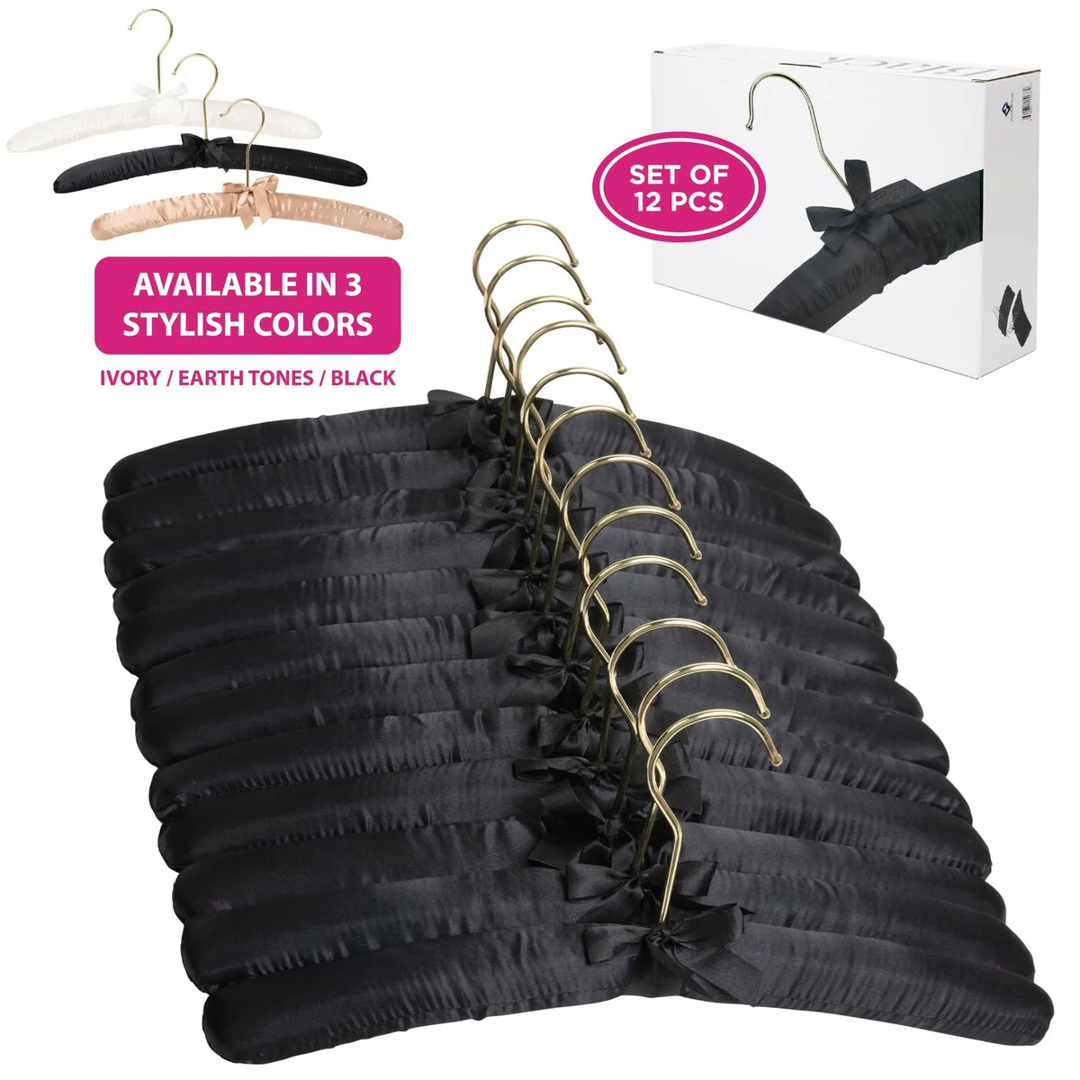 Premium HeavyDuty Thick Satin Padded Hangers Anti Slip - Black, Set of 12